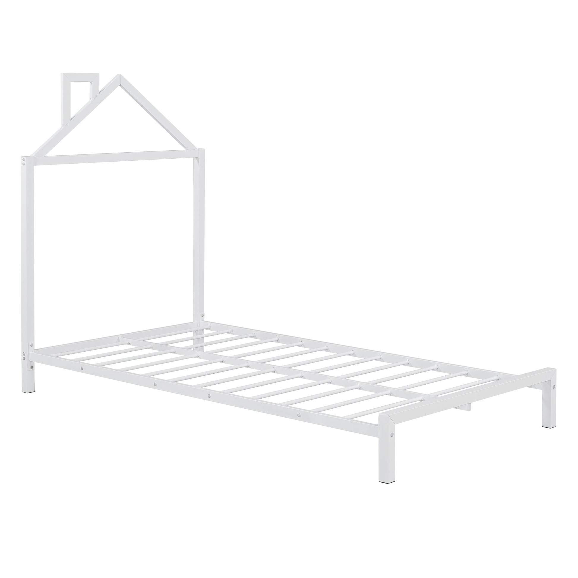 Twin Size Metal Platform Bed With House Shaped Headboard Design, White White Metal