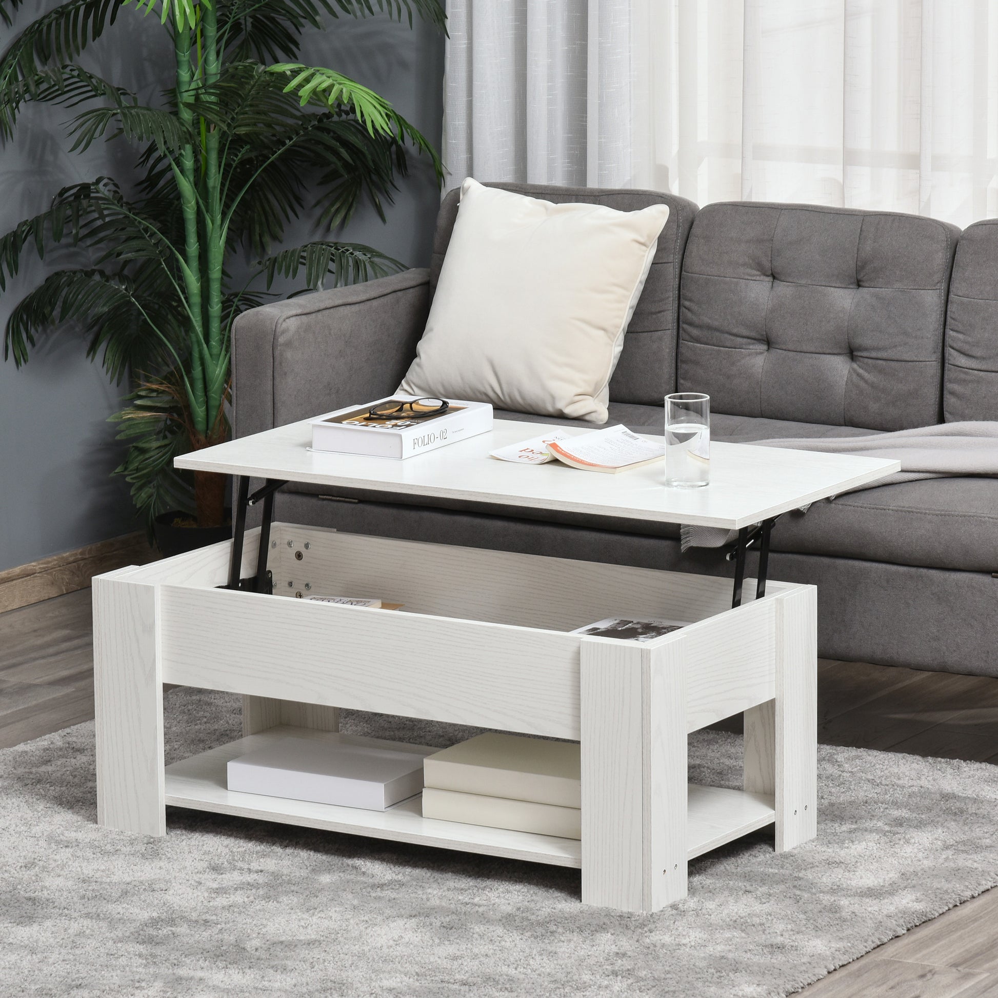 Homcom 39" Lift Top Coffee Table With Hidden Storage Compartment And Open Shelf, Pop Up Coffee Table For Living Room, White White Particle Board