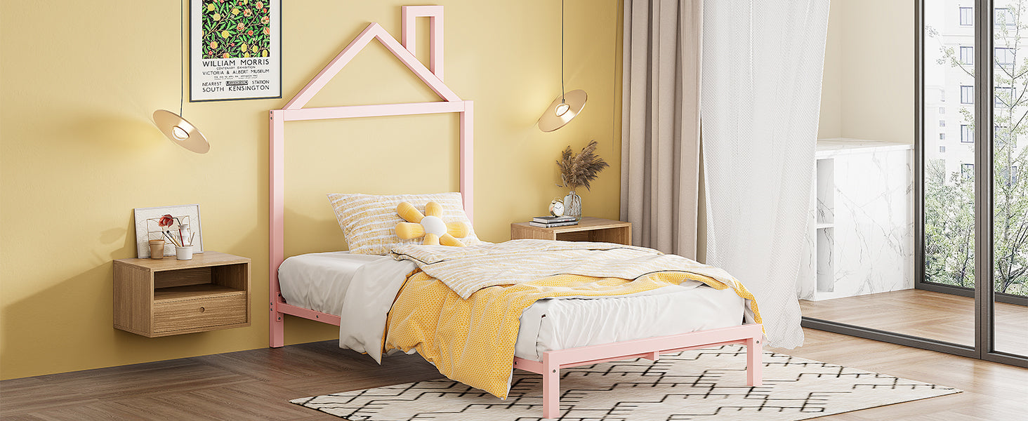 Twin Size Metal Platform Bed With House Shaped Headboard Design, Pink Pink Metal