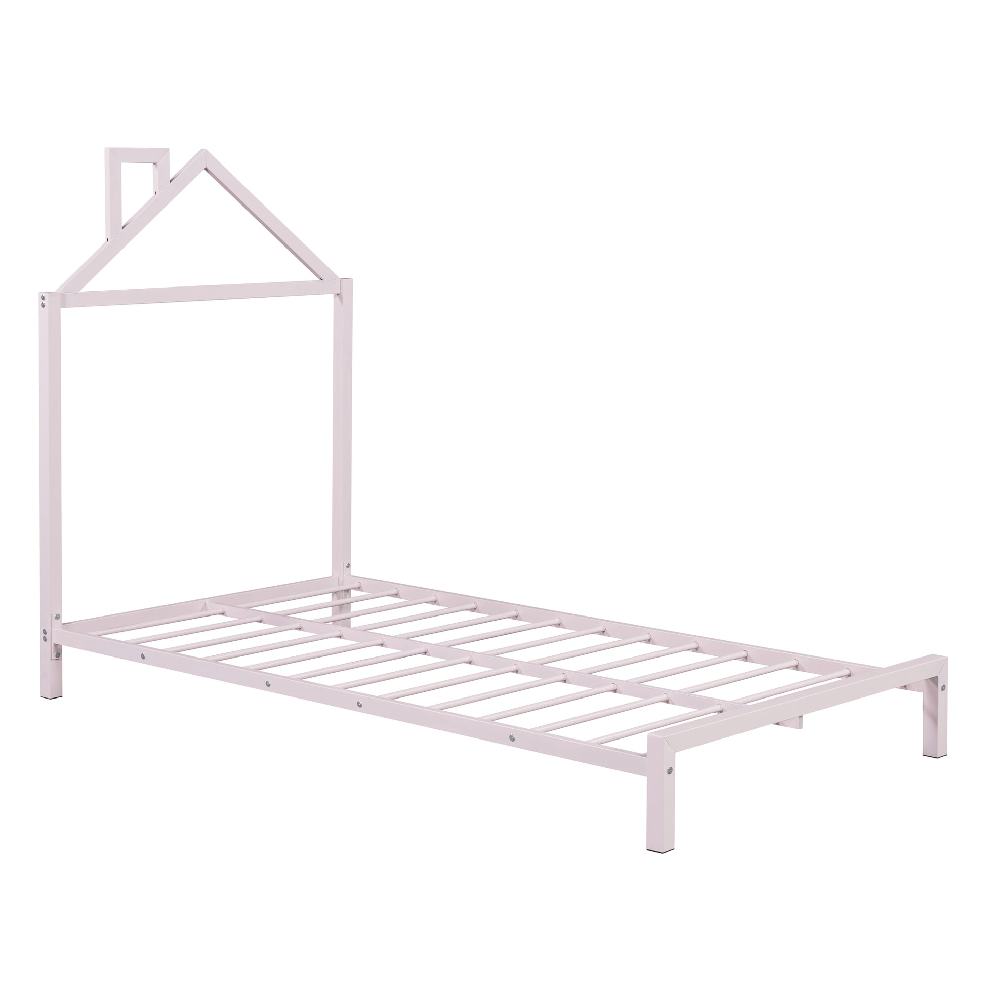 Twin Size Metal Platform Bed With House Shaped Headboard Design, Pink Pink Metal