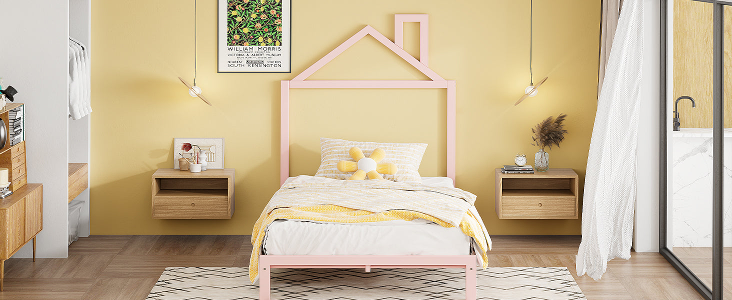 Twin Size Metal Platform Bed With House Shaped Headboard Design, Pink Pink Metal