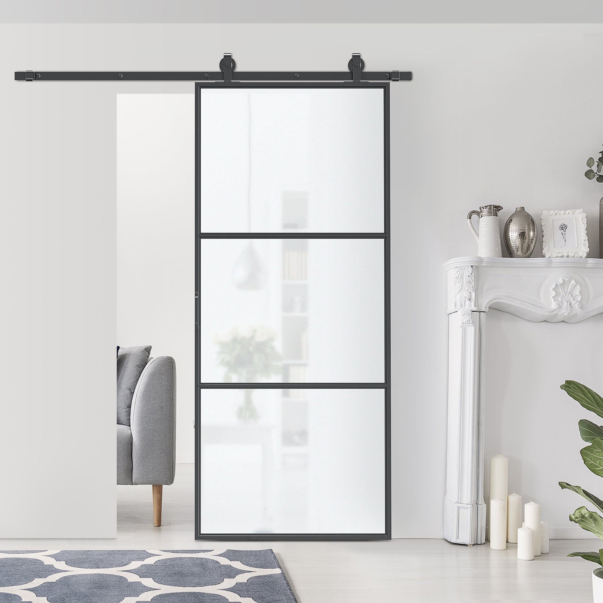 Homcom 36" X 84" Sliding Door With Hardware Kit, Handle, & Track, Industrial Frosted Tempered Glass Door With Carbon Steel, Easy Installation Black Carbon Steel