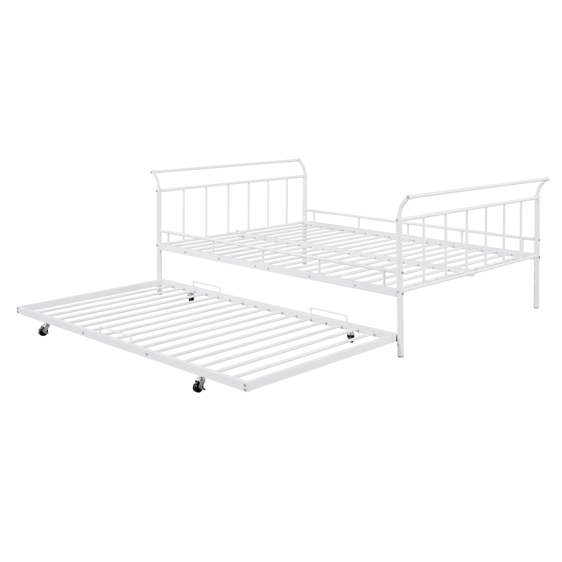 Full Size Metal Daybed With Curved Handle Design And Twin Size Trundle, White White Metal