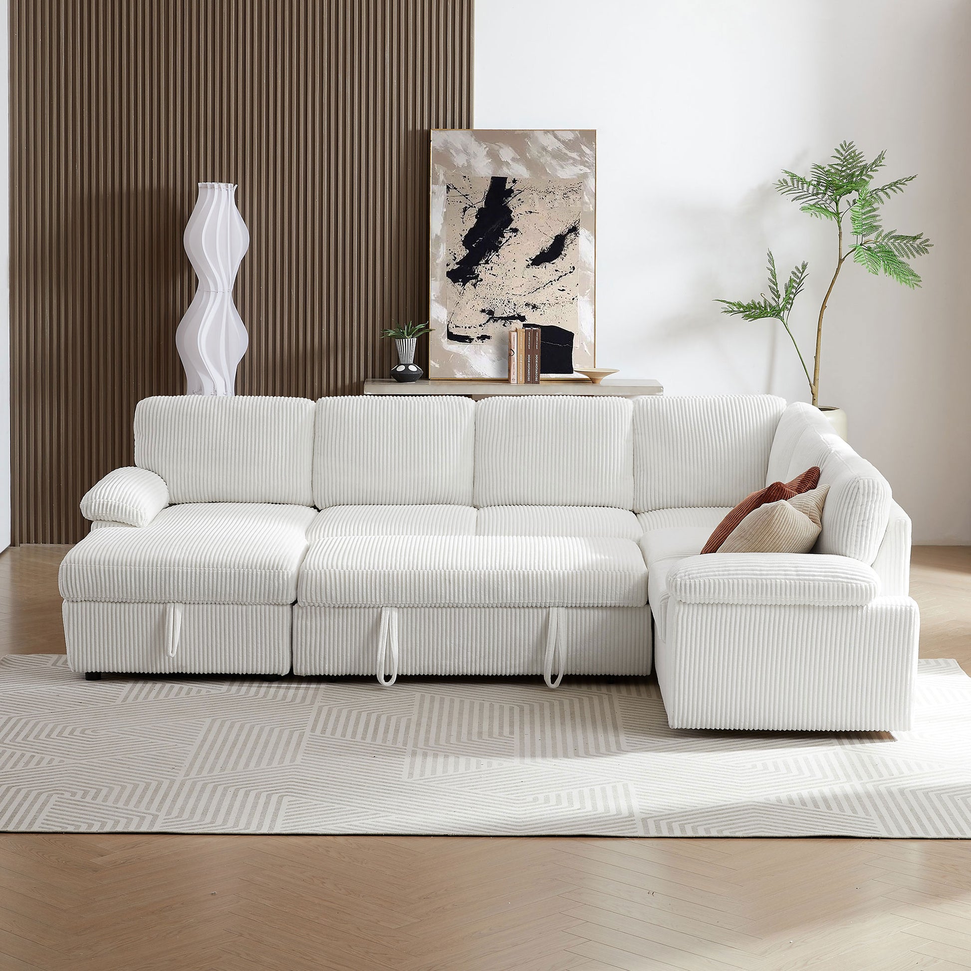 Oversized Modular Storage Sectional Sofa Couch For Home Apartment Office Living Room,Free Combination L U Shaped Corduroy Upholstered Deep Seat Furniture Convertible Sleeper Sofabed Left White Corduroy