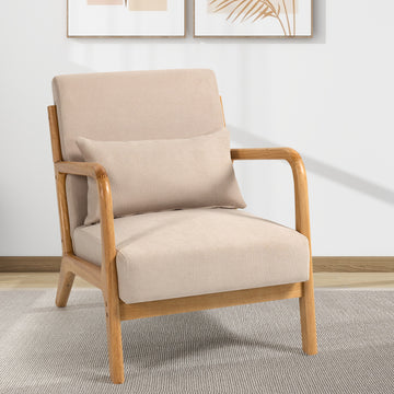 Leisure Chair With Solid Wood Armrest And Feet, Mid Century Modern Accent Sofa,1 Seat Beige Linen