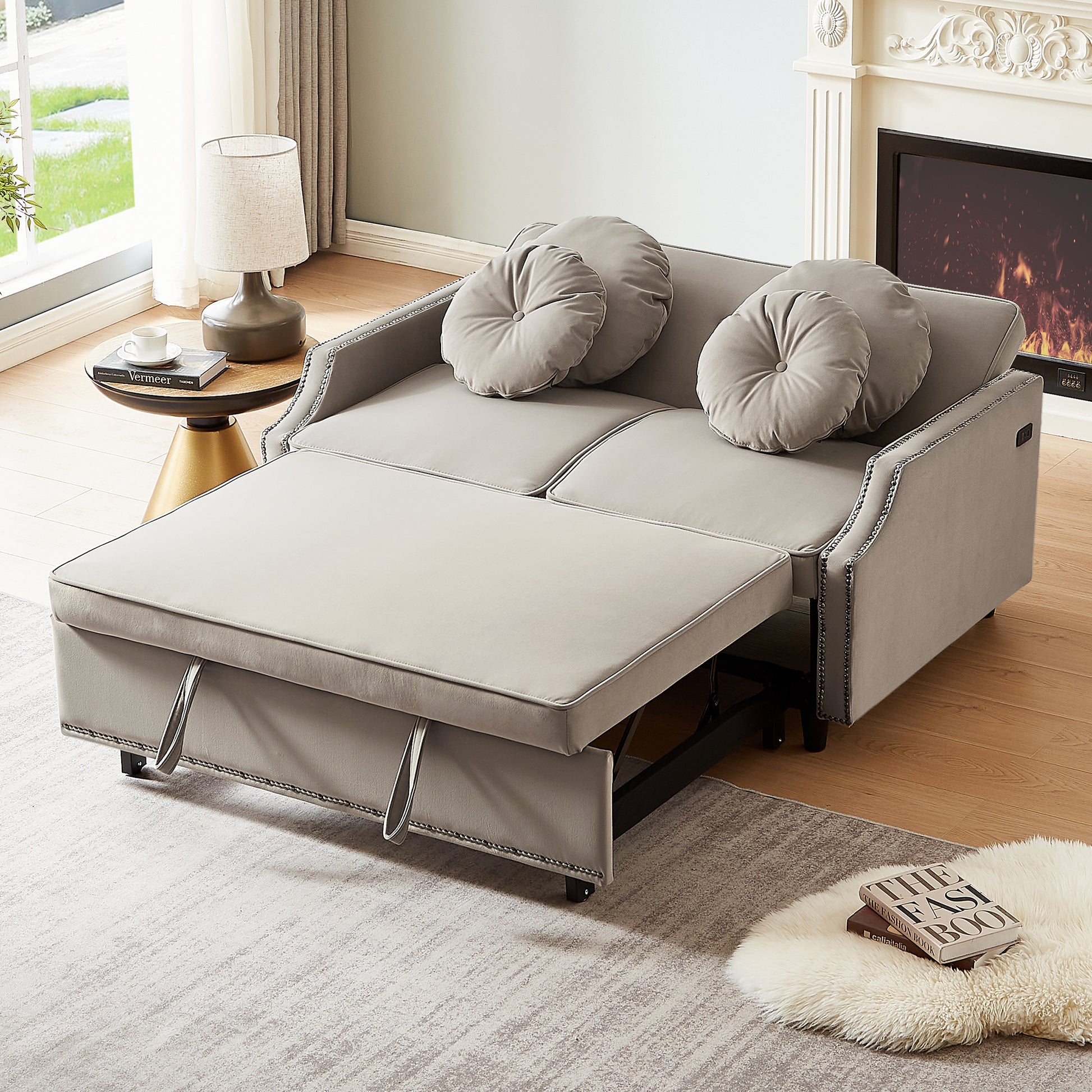 54.7" Multiple Adjustable Positions Sofa Bed Stylish Sofa Bed With A Button Tufted Backrest, Two Usb Ports And Four Floral Lumbar Pillows For Living Room, Bedroom,Or Small Space, Coffee Coffee Foam Polyester 2 Seat
