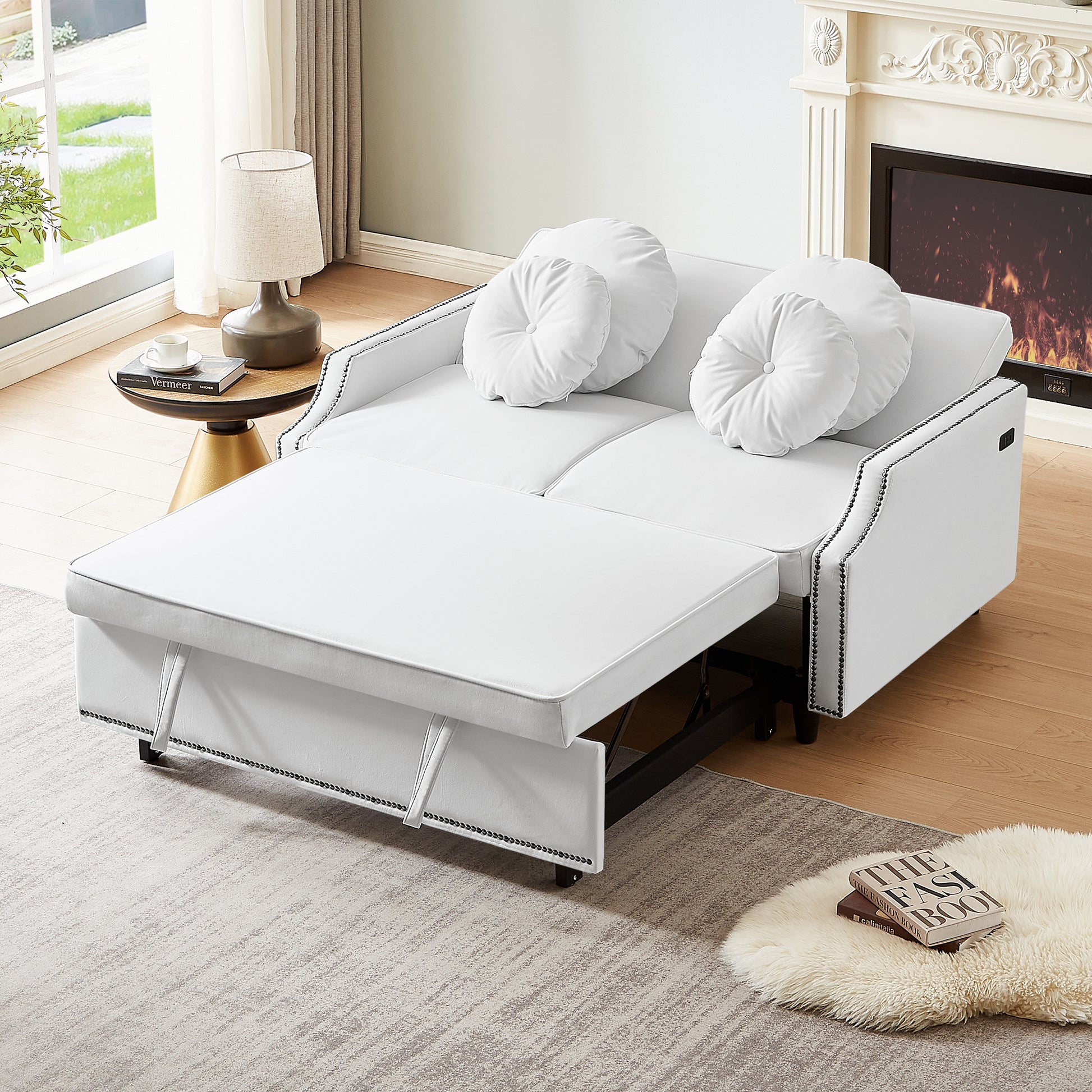 54.7" Multiple Adjustable Positions Sofa Bed Stylish Sofa Bed With A Button Tufted Backrest, Two Usb Ports And Four Floral Lumbar Pillows For Living Room, Bedroom,Or Small Space, Beige Beige Foam Polyester 2 Seat