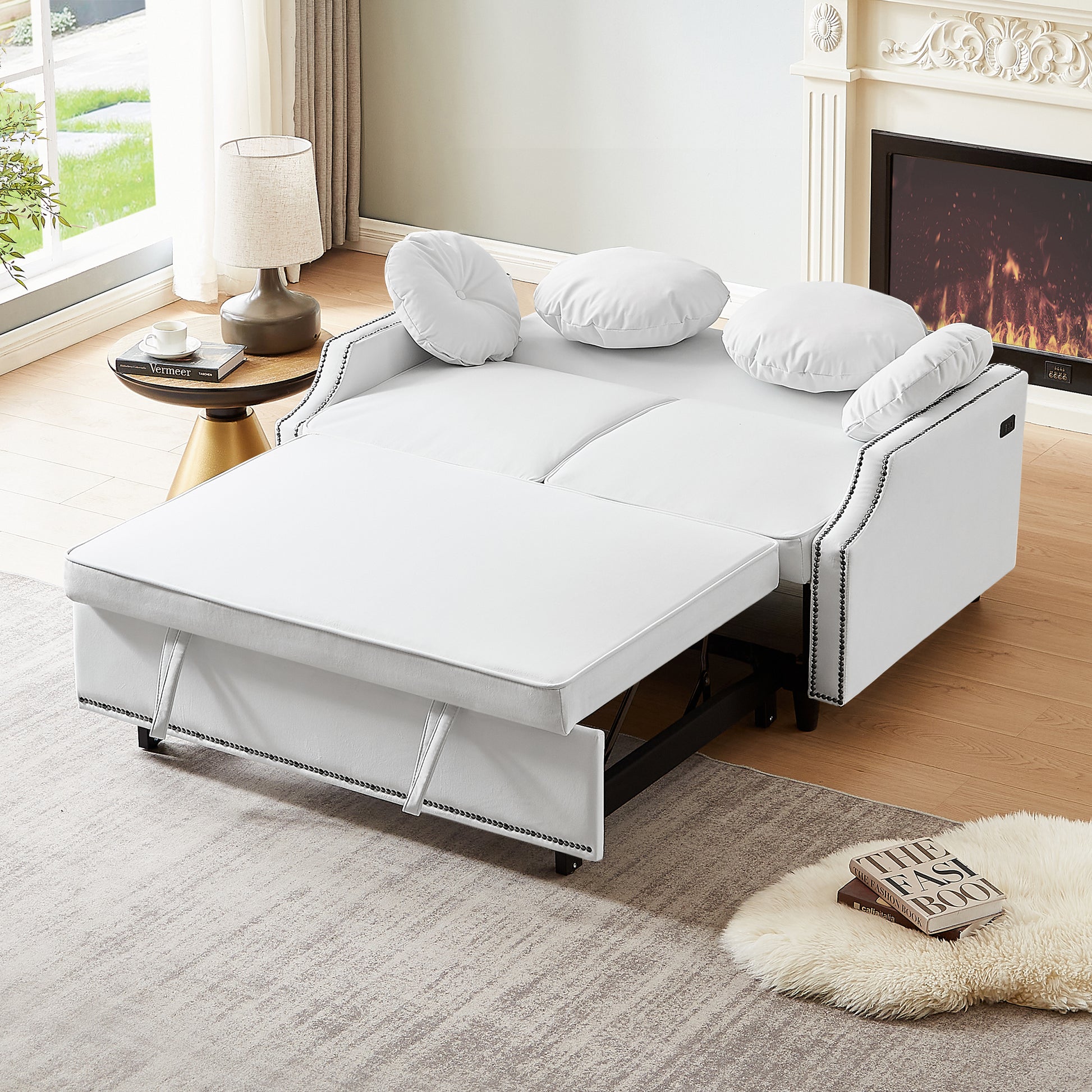 54.7" Multiple Adjustable Positions Sofa Bed Stylish Sofa Bed With A Button Tufted Backrest, Two Usb Ports And Four Floral Lumbar Pillows For Living Room, Bedroom,Or Small Space, Beige Beige Foam Polyester 2 Seat