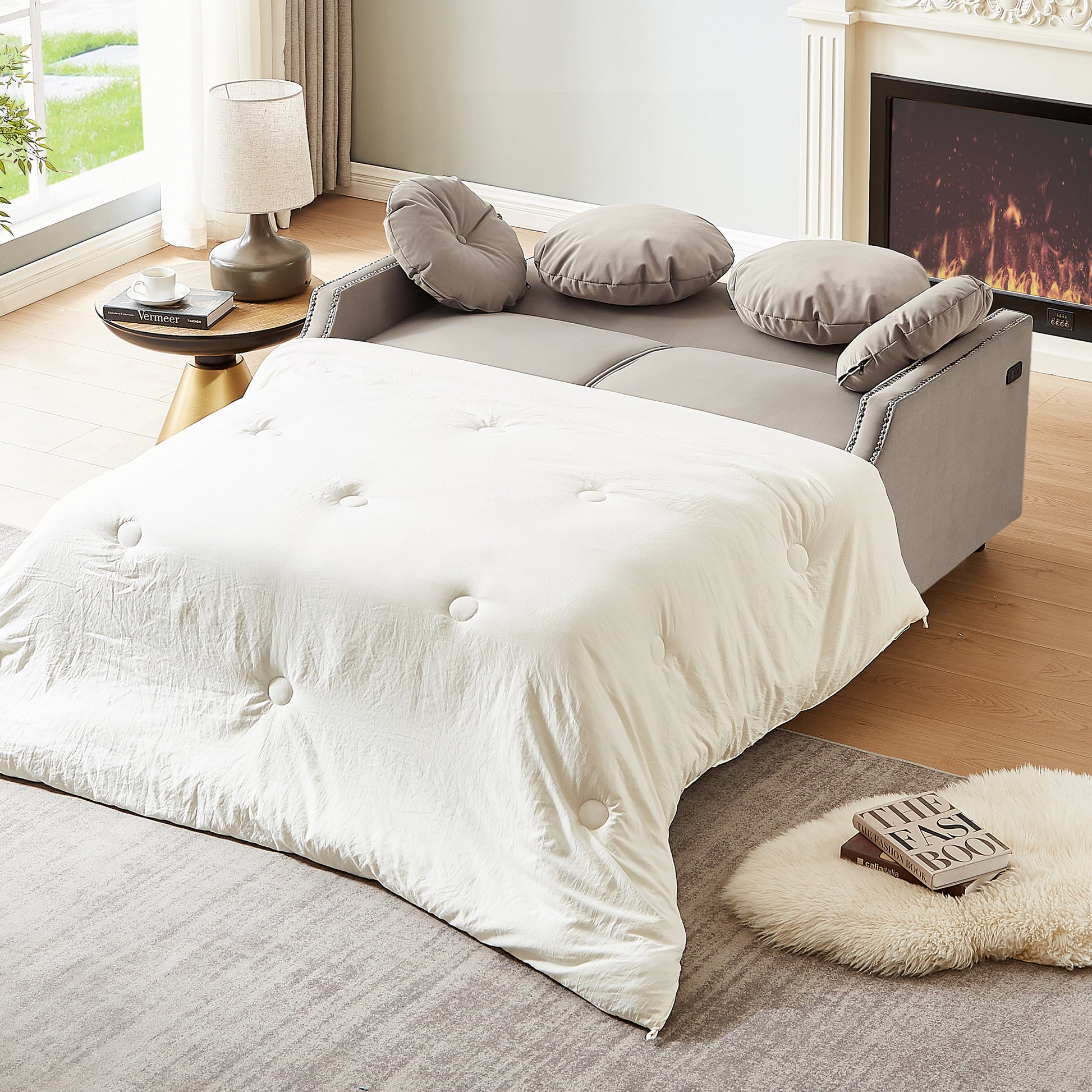 54.7" Multiple Adjustable Positions Sofa Bed Stylish Sofa Bed With A Button Tufted Backrest, Two Usb Ports And Four Floral Lumbar Pillows For Living Room, Bedroom,Or Small Space, Coffee Coffee Foam Polyester 2 Seat