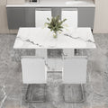 A Simple Dining Table. A Dining Table With A White Marble Pattern. 4 Pu Synthetic Leather High Backrest Cushioned Side Chairs With C Shaped Silver Metal Legs. Dt Sq 16090 Whc 1162 White Mdf