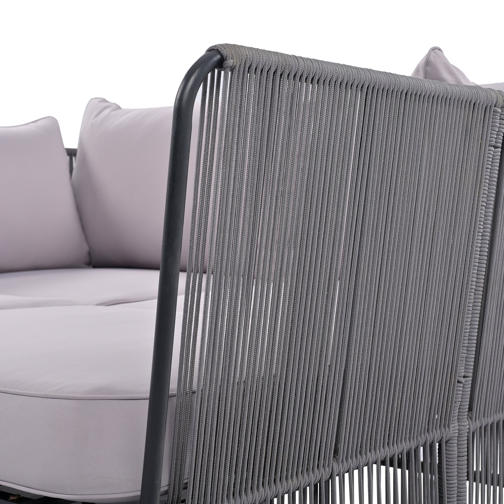2 Piece Outdoor Sunbed And Coffee Table Set, Patio Double Chaise Lounger Loveseat Daybed With Clear Tempered Glass Table For The Patio, Poolside Grey Cushion Dark Grey Rope Grey Woven Rope