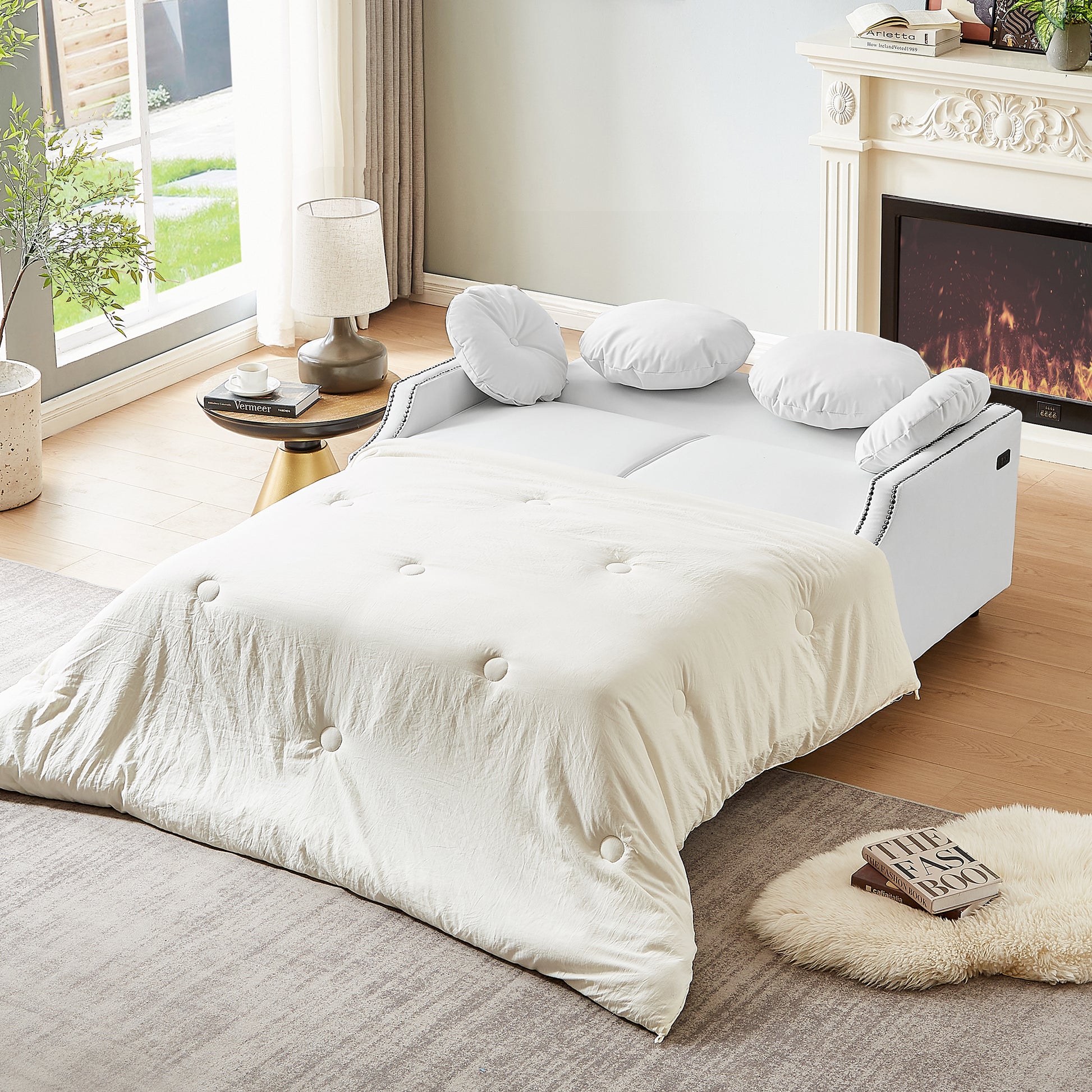 54.7" Multiple Adjustable Positions Sofa Bed Stylish Sofa Bed With A Button Tufted Backrest, Two Usb Ports And Four Floral Lumbar Pillows For Living Room, Bedroom,Or Small Space, Beige Beige Foam Polyester 2 Seat