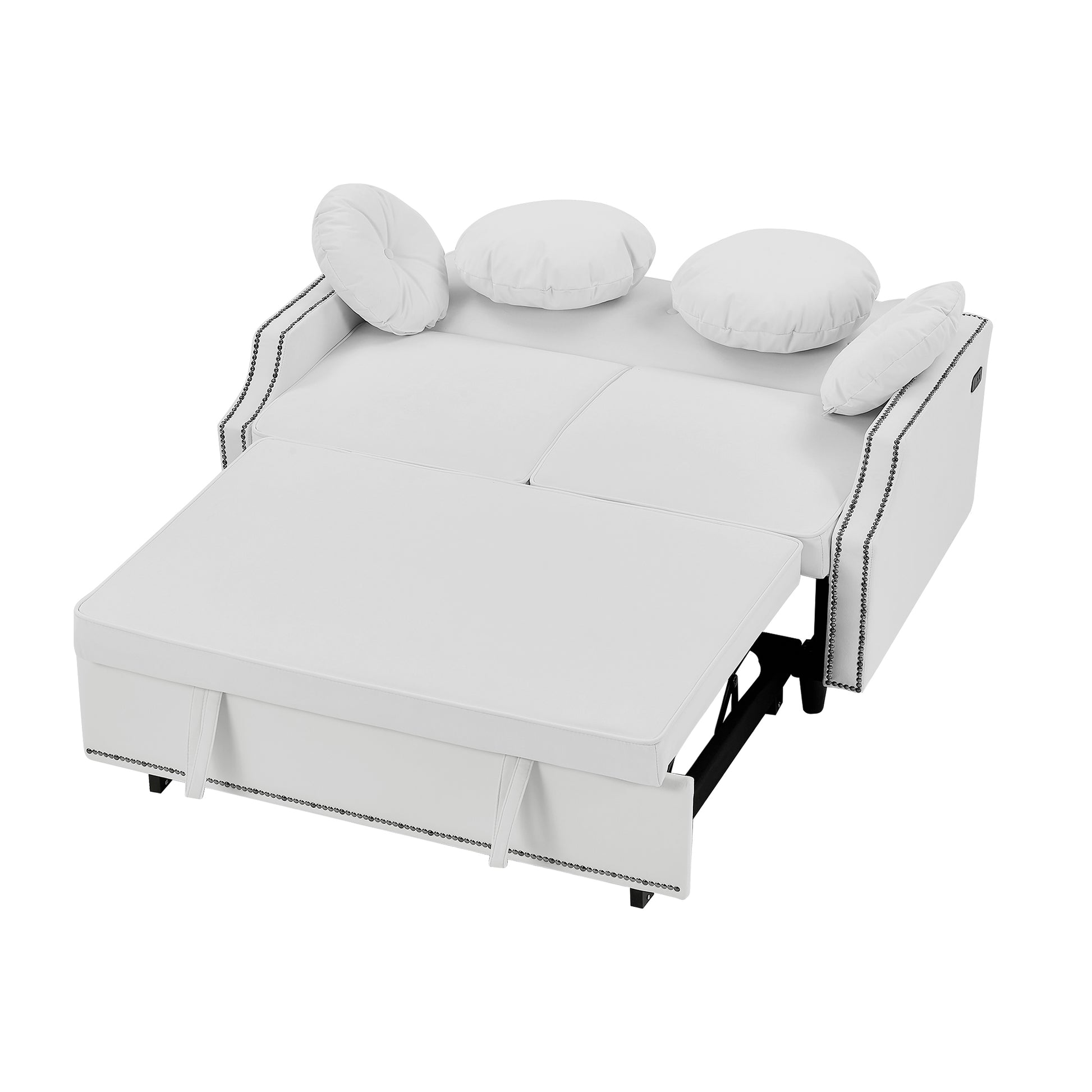 54.7" Multiple Adjustable Positions Sofa Bed Stylish Sofa Bed With A Button Tufted Backrest, Two Usb Ports And Four Floral Lumbar Pillows For Living Room, Bedroom,Or Small Space, Beige Beige Foam Polyester 2 Seat