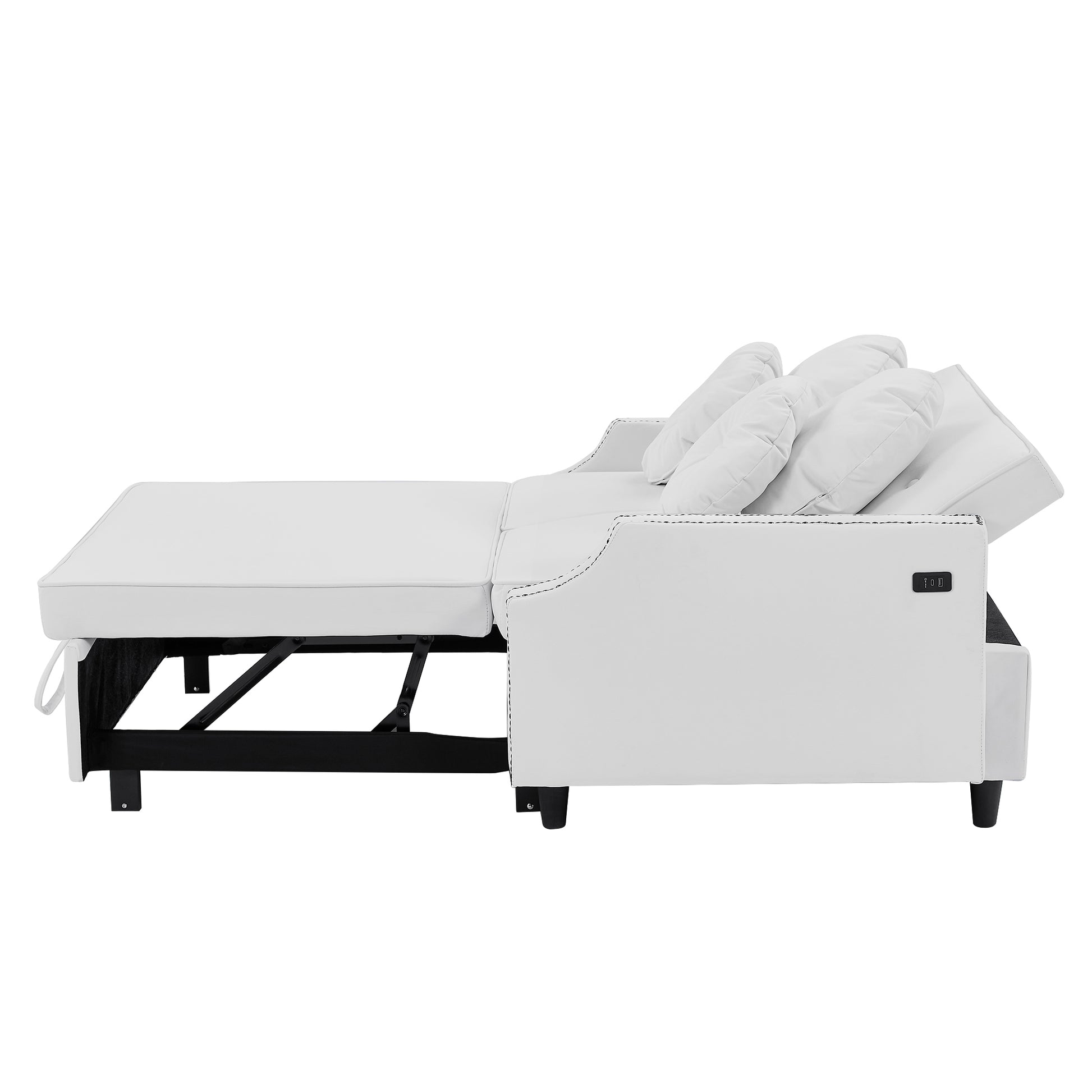 54.7" Multiple Adjustable Positions Sofa Bed Stylish Sofa Bed With A Button Tufted Backrest, Two Usb Ports And Four Floral Lumbar Pillows For Living Room, Bedroom,Or Small Space, Beige Beige Foam Polyester 2 Seat