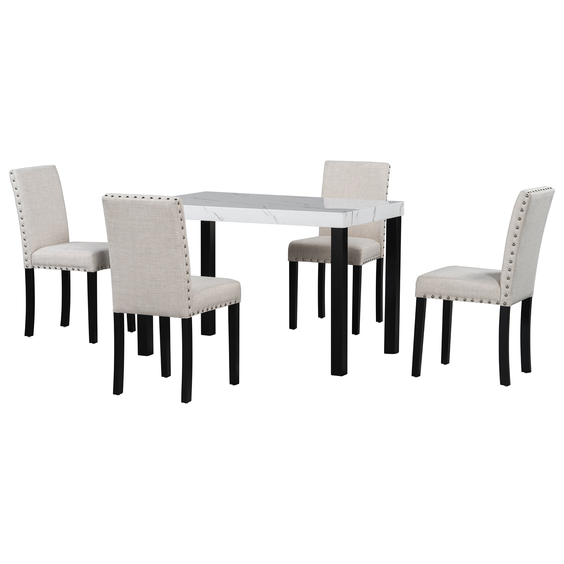 Five Piece Dining Set With Imitation Marble Tabletop, Restaurant Combination Set, Solid Wood Dining Table And 4 Chairs, Space Saving Combination Furniture For Kitchen And Dining Room. Black White Solid Wood Mdf