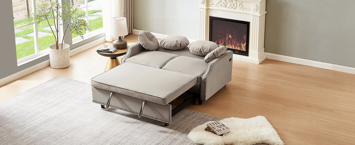 54.7" Multiple Adjustable Positions Sofa Bed Stylish Sofa Bed With A Button Tufted Backrest, Two Usb Ports And Four Floral Lumbar Pillows For Living Room, Bedroom,Or Small Space, Coffee Coffee Foam Polyester 2 Seat