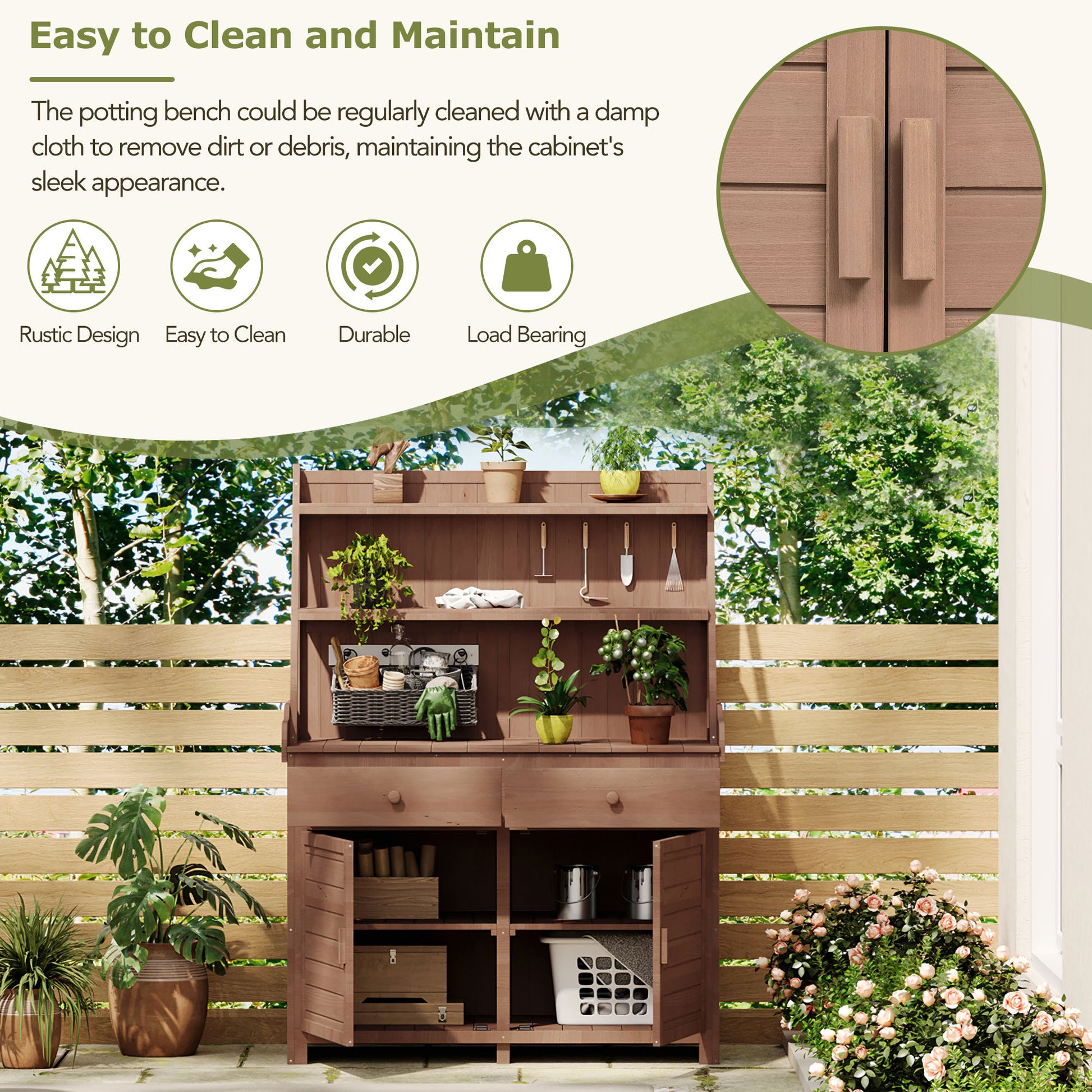 65Inch Garden Potting Bench Table, Fir Wood Workstation With Storage Shelf, Drawer And Cabinet, Brown Brown Water Resistant Frame Garden & Outdoor Rustic Wood
