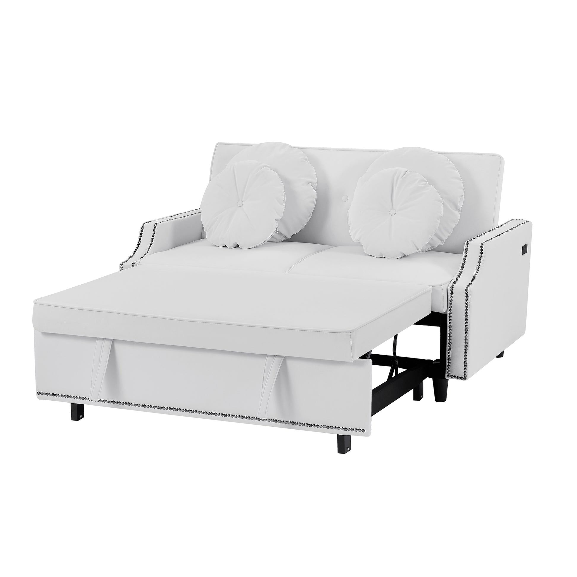 54.7" Multiple Adjustable Positions Sofa Bed Stylish Sofa Bed With A Button Tufted Backrest, Two Usb Ports And Four Floral Lumbar Pillows For Living Room, Bedroom,Or Small Space, Beige Beige Foam Polyester 2 Seat