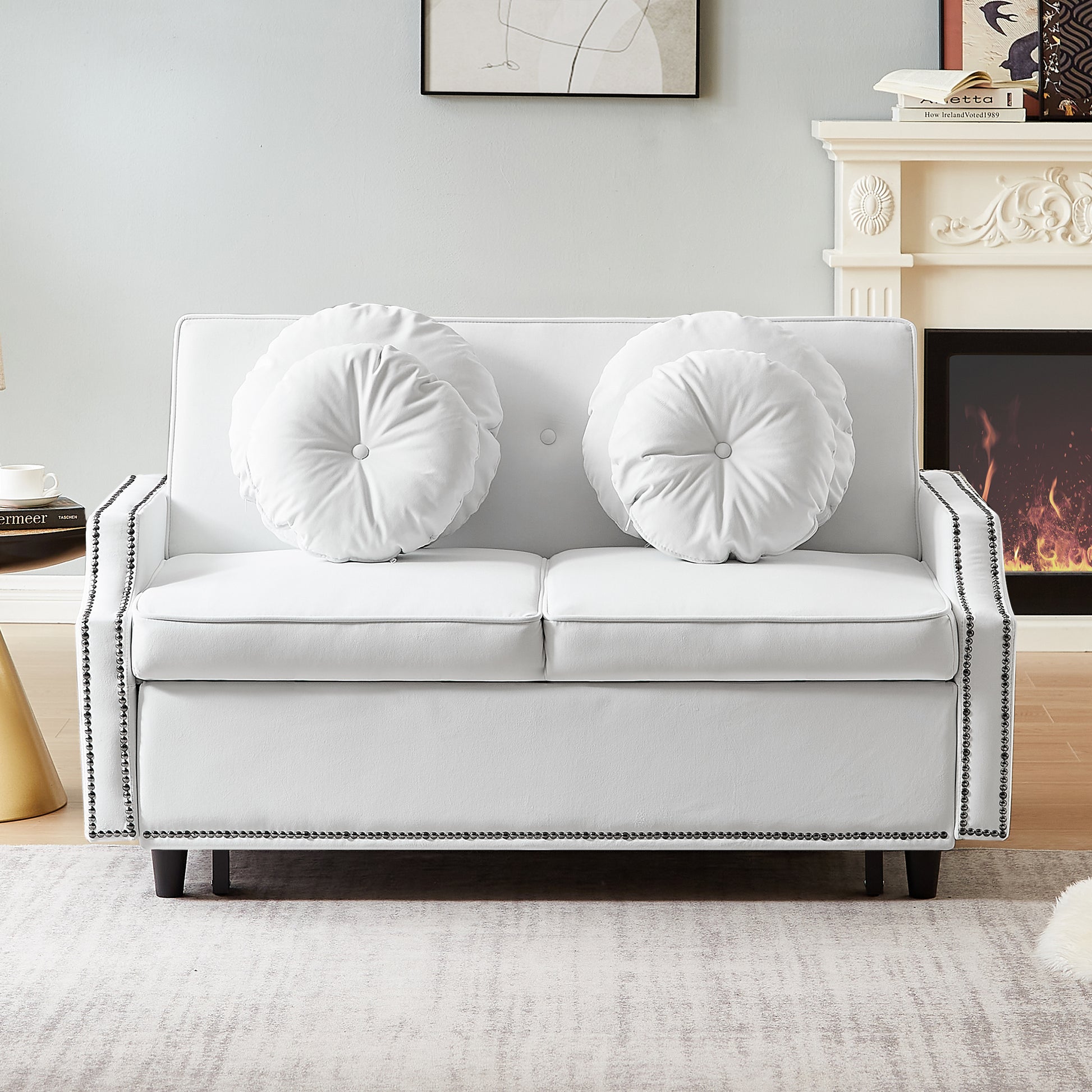 54.7" Multiple Adjustable Positions Sofa Bed Stylish Sofa Bed With A Button Tufted Backrest, Two Usb Ports And Four Floral Lumbar Pillows For Living Room, Bedroom,Or Small Space, Beige Beige Foam Polyester 2 Seat