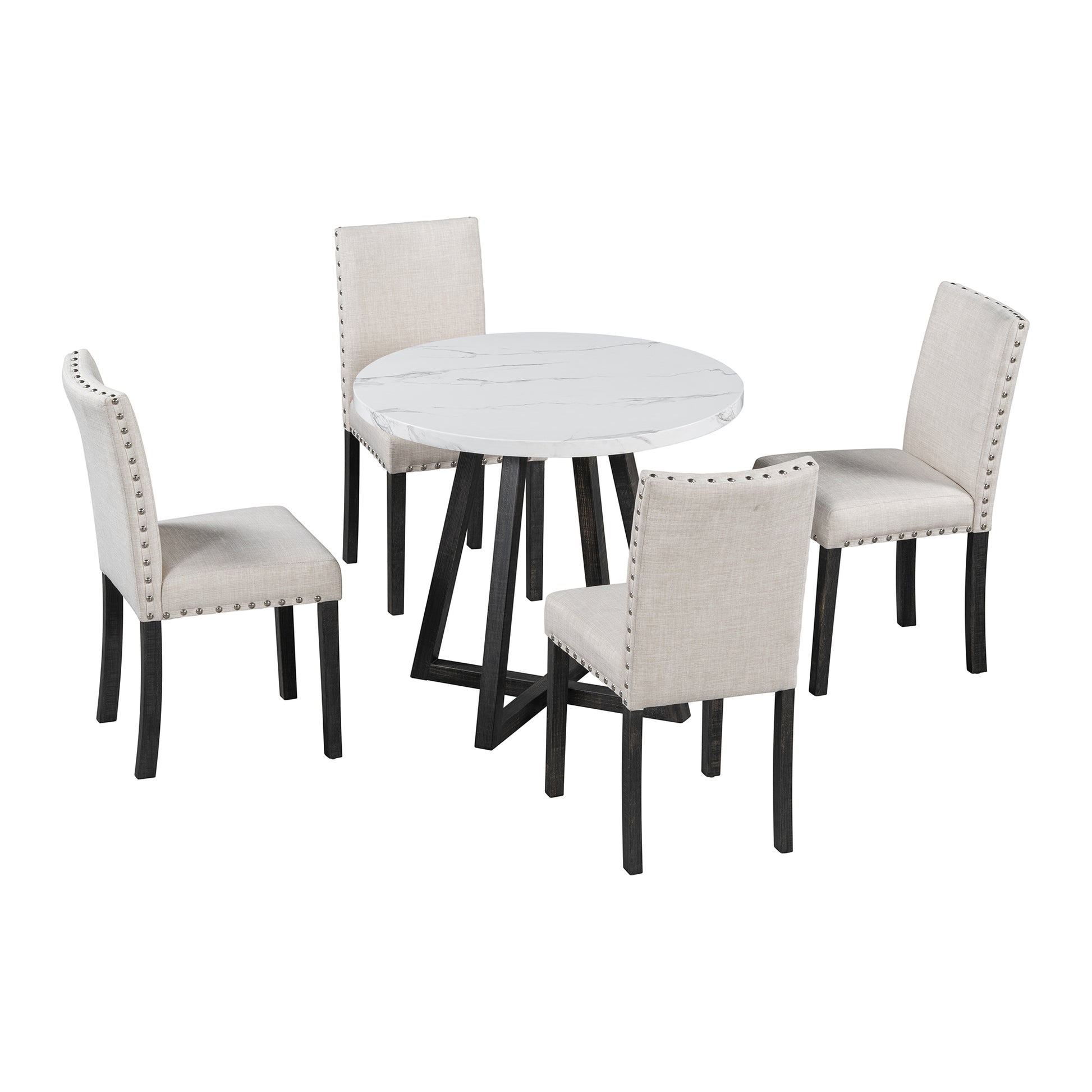 Five Piece Dining Room Set With Imitation Marble Table Top, Solid Wood Dining Table And 4 Chairs, Space Saving Kitchen And Dining Room Combination Furniture. Black White Solid Wood Mdf