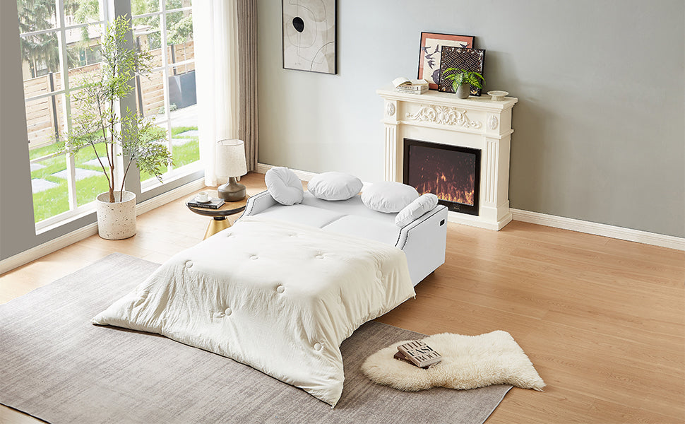 54.7" Multiple Adjustable Positions Sofa Bed Stylish Sofa Bed With A Button Tufted Backrest, Two Usb Ports And Four Floral Lumbar Pillows For Living Room, Bedroom,Or Small Space, Beige Beige Foam Polyester 2 Seat