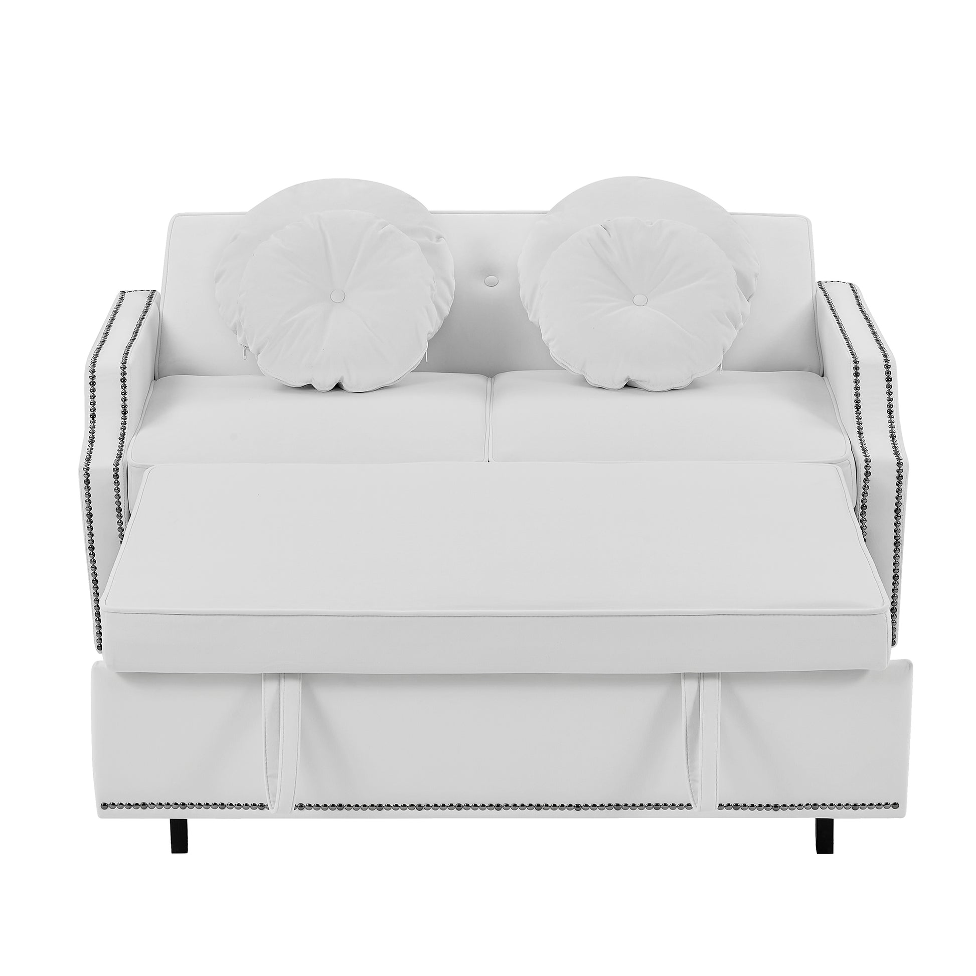 54.7" Multiple Adjustable Positions Sofa Bed Stylish Sofa Bed With A Button Tufted Backrest, Two Usb Ports And Four Floral Lumbar Pillows For Living Room, Bedroom,Or Small Space, Beige Beige Foam Polyester 2 Seat