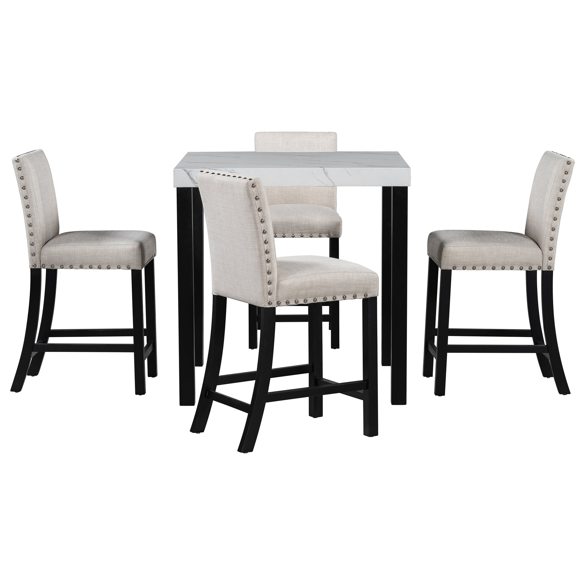 Five Piece Dining Set With Imitation Marble Tabletop, Restaurant Combination Set, Solid Wood Dining Table And 4 Chairs, Space Saving Combination Furniture For Kitchen And Dining Room. Black White Solid Wood Mdf