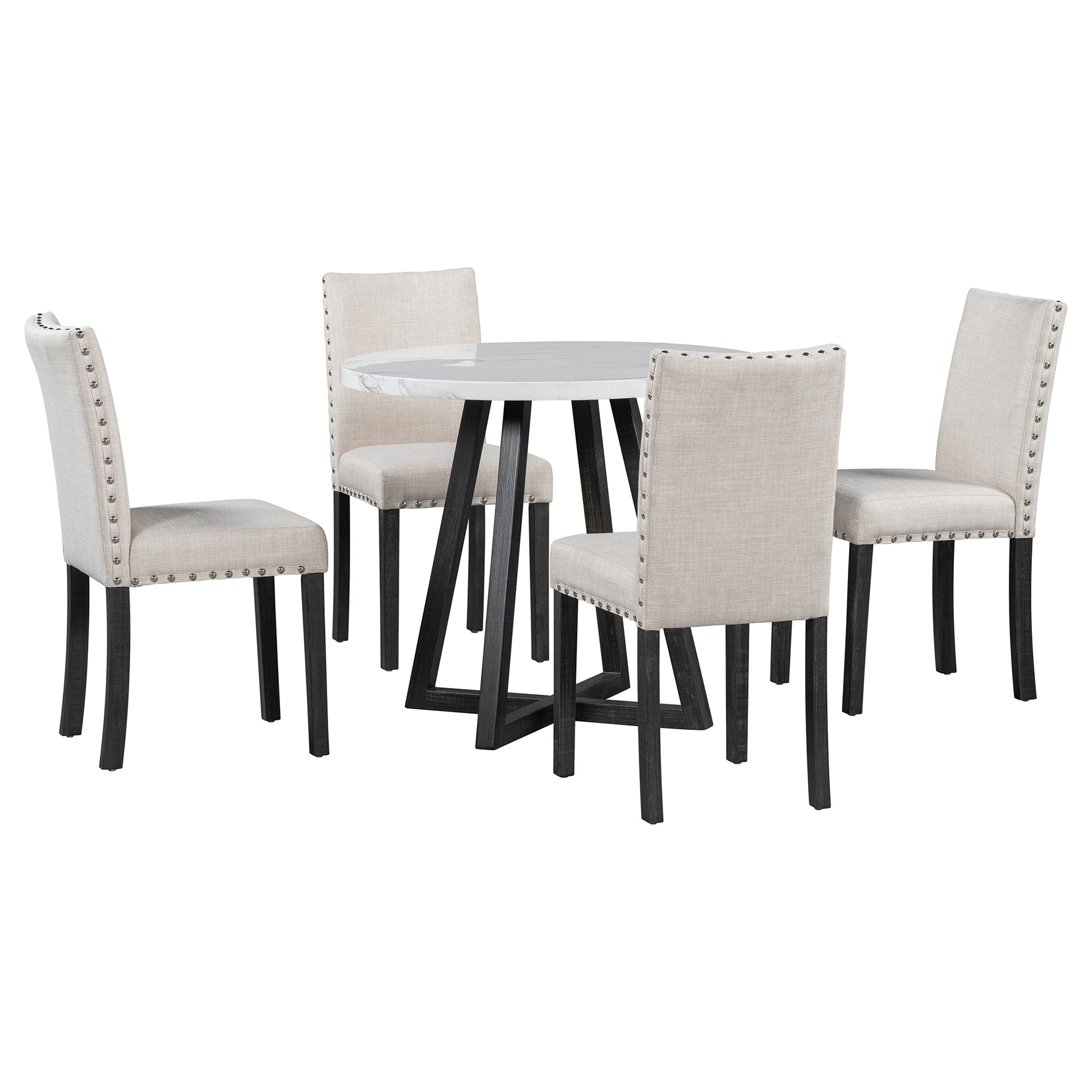 Five Piece Dining Room Set With Imitation Marble Table Top, Solid Wood Dining Table And 4 Chairs, Space Saving Kitchen And Dining Room Combination Furniture. Black White Solid Wood Mdf