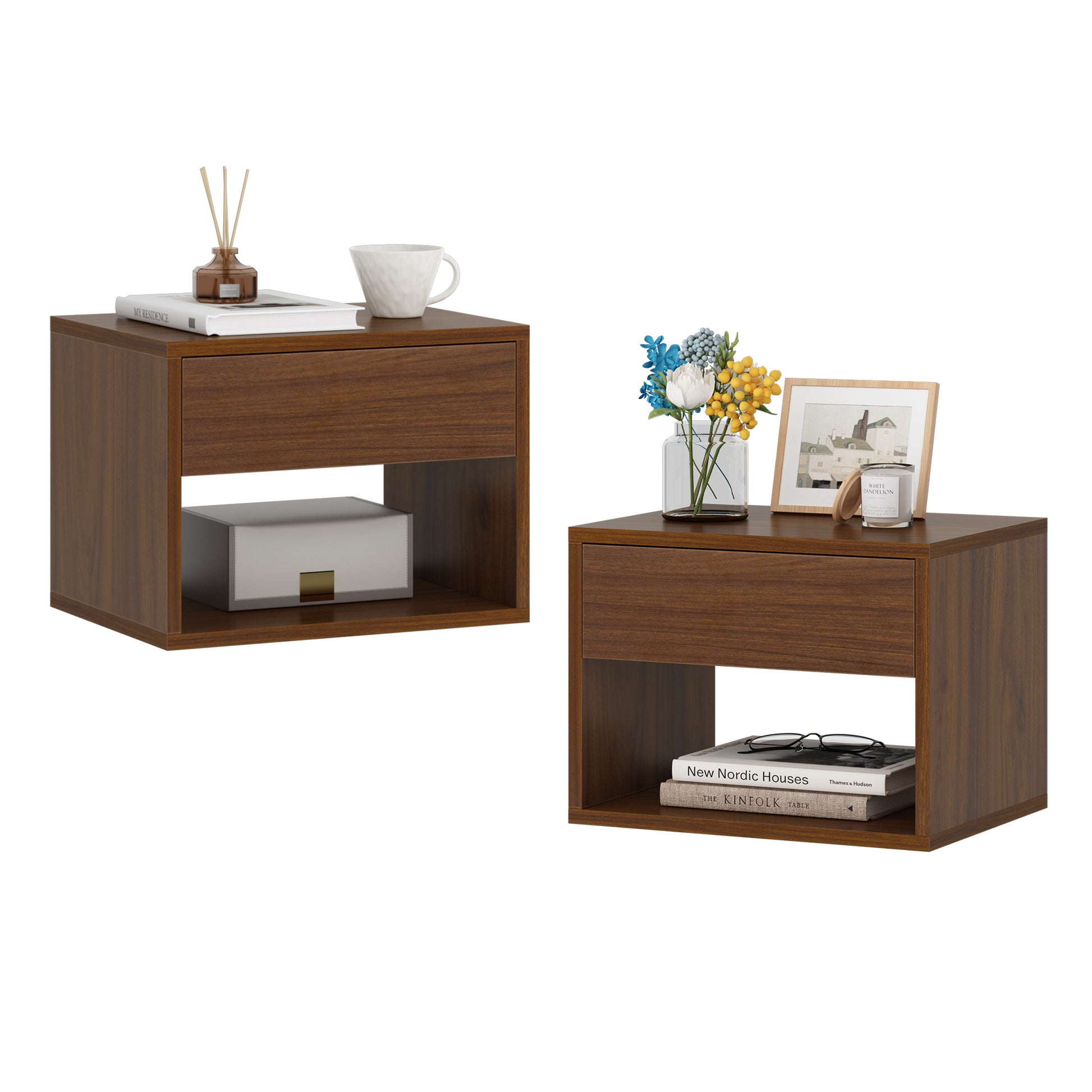 Wall Mounted Bedside Table Set Of Two Walnut Color Walnut Particle Board