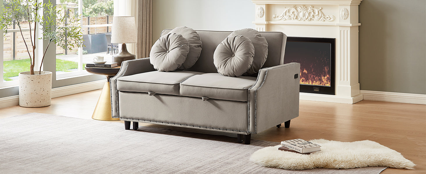 54.7" Multiple Adjustable Positions Sofa Bed Stylish Sofa Bed With A Button Tufted Backrest, Two Usb Ports And Four Floral Lumbar Pillows For Living Room, Bedroom,Or Small Space, Coffee Coffee Foam Polyester 2 Seat