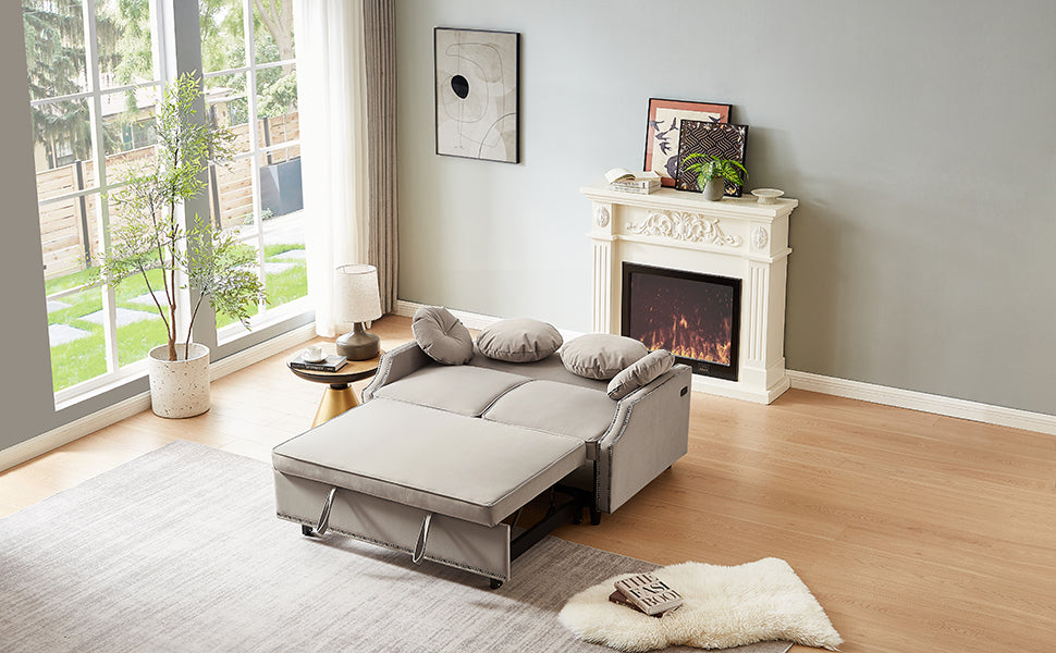 54.7" Multiple Adjustable Positions Sofa Bed Stylish Sofa Bed With A Button Tufted Backrest, Two Usb Ports And Four Floral Lumbar Pillows For Living Room, Bedroom,Or Small Space, Coffee Coffee Foam Polyester 2 Seat