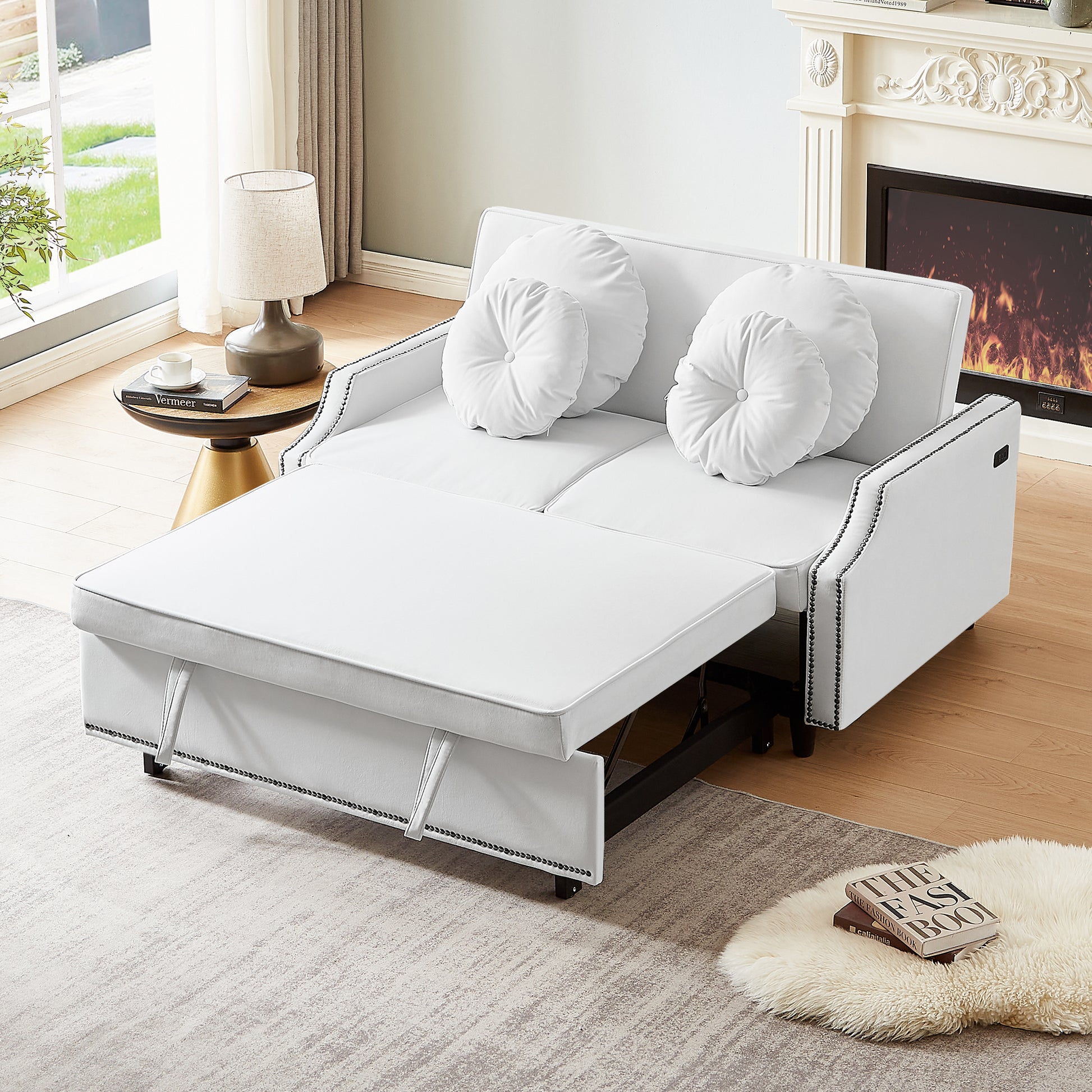 54.7" Multiple Adjustable Positions Sofa Bed Stylish Sofa Bed With A Button Tufted Backrest, Two Usb Ports And Four Floral Lumbar Pillows For Living Room, Bedroom,Or Small Space, Beige Beige Foam Polyester 2 Seat