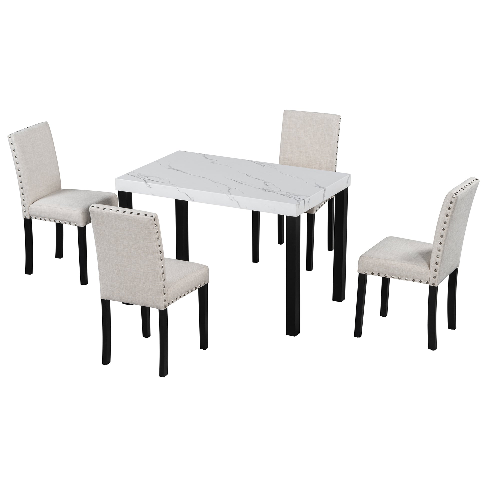 Five Piece Dining Set With Imitation Marble Tabletop, Restaurant Combination Set, Solid Wood Dining Table And 4 Chairs, Space Saving Combination Furniture For Kitchen And Dining Room. Black White Solid Wood Mdf