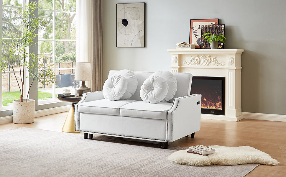 54.7" Multiple Adjustable Positions Sofa Bed Stylish Sofa Bed With A Button Tufted Backrest, Two Usb Ports And Four Floral Lumbar Pillows For Living Room, Bedroom,Or Small Space, Beige Beige Foam Polyester 2 Seat