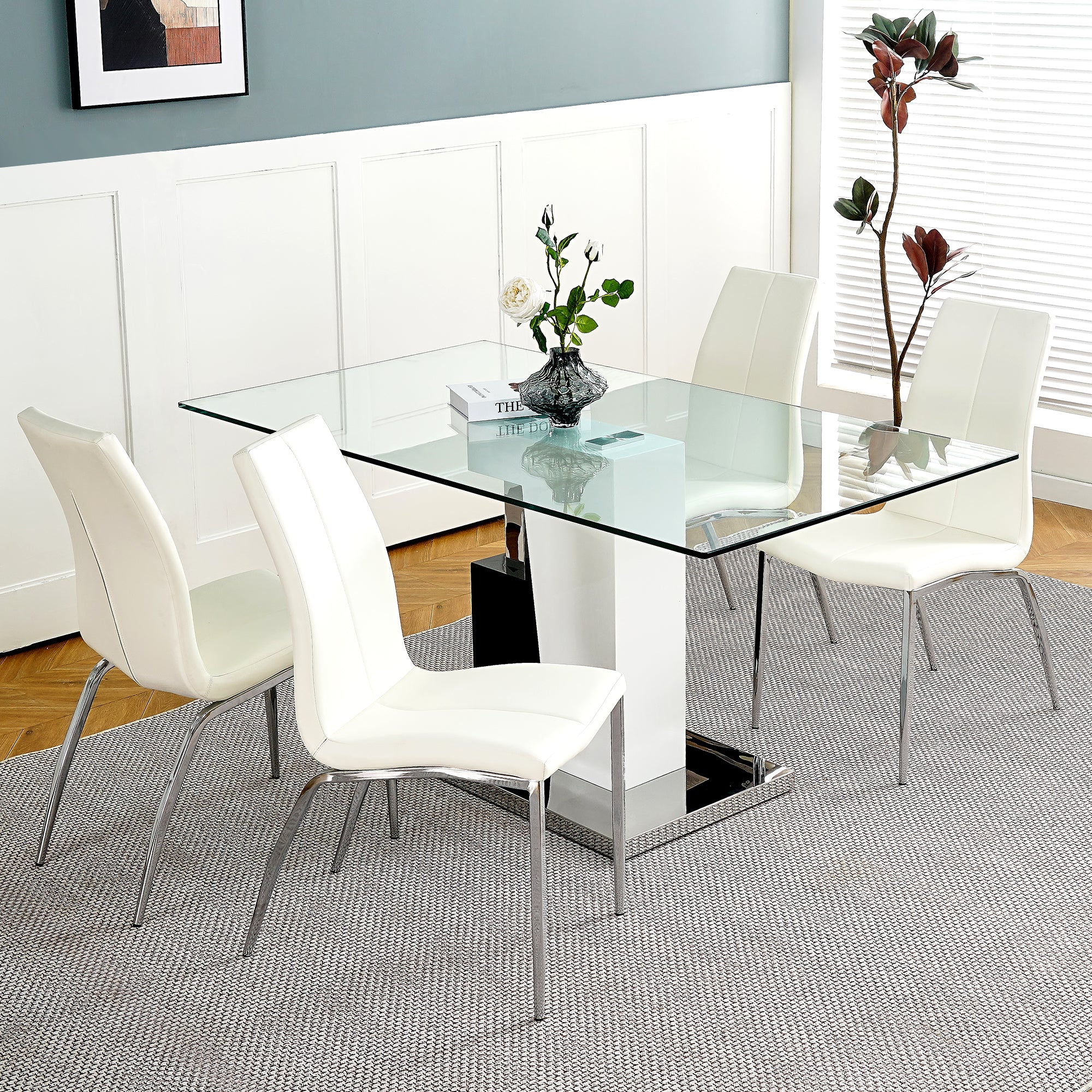 Modern Style Glass Table, Pu Fabric Chair Electroplated Chair Legs, Solid Support Base, Furniture Made Of Selected Materials To Highlight Fashion, Suitable For Living Room Use Set Of 5 White Mdf Metal