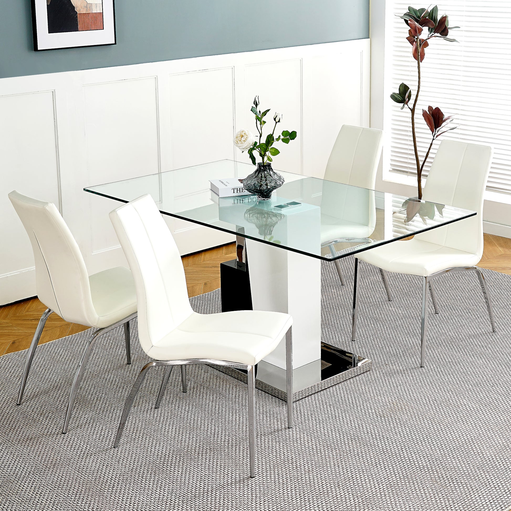 Modern Style Glass Table, Pu Fabric Chair Electroplated Chair Legs, Solid Support Base, Furniture Made Of Selected Materials To Highlight Fashion, Suitable For Living Room Use Set Of 5 White Mdf Metal