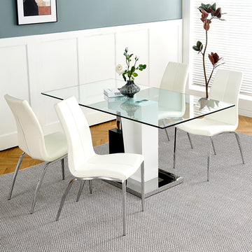 Modern Style Glass Table, Pu Fabric Chair Electroplated Chair Legs, Solid Support Base, Furniture Made Of Selected Materials To Highlight Fashion, Suitable For Living Room Use Set Of 5 White Mdf Metal
