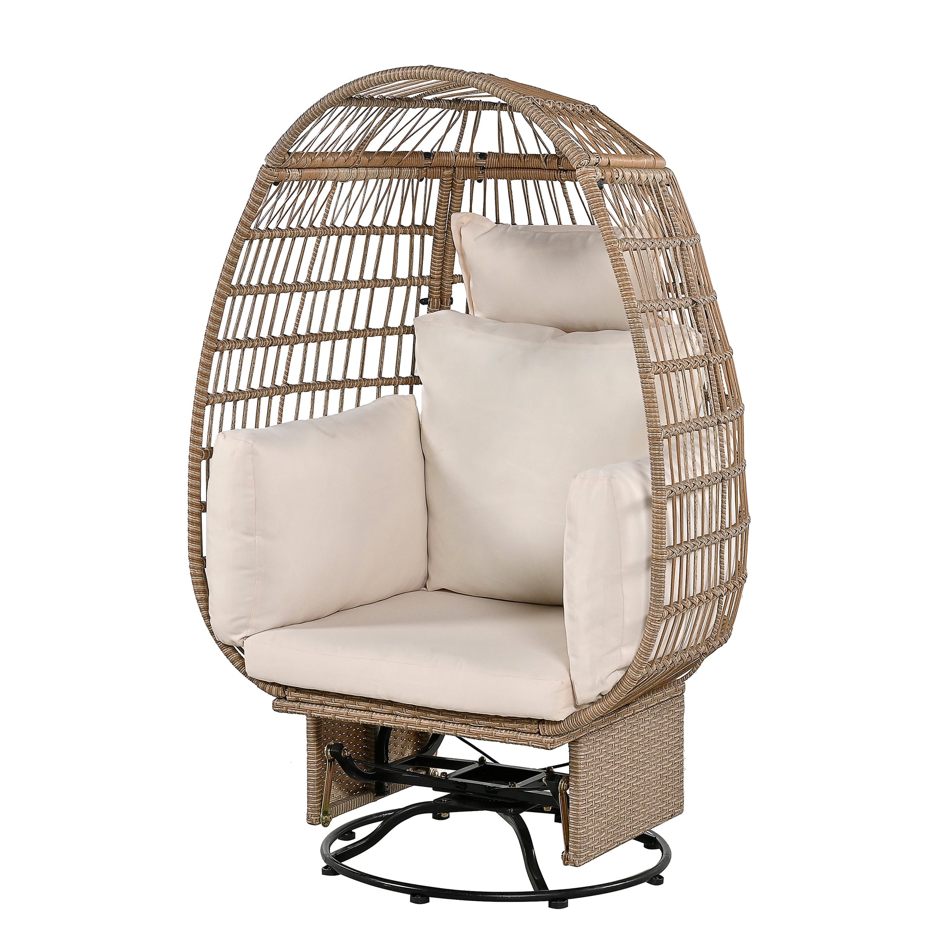 Outdoor Swivel Chair With Cushions, Rattan Egg Patio Chair With Rocking Function For Balcony, Poolside And Garden Natural Wicker Beige Cushion Natural Beige Wicker