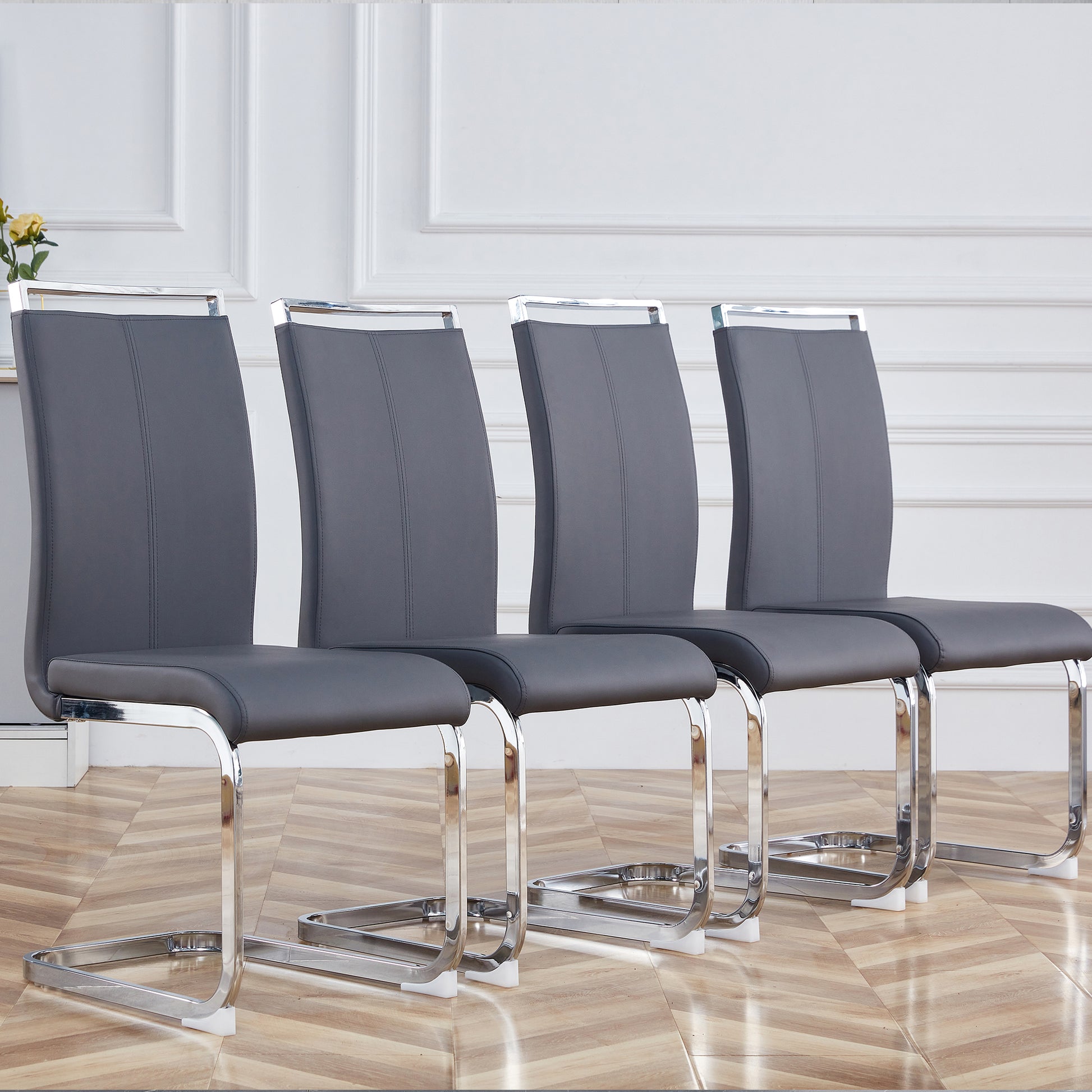 A Simple Dining Table. A Dining Table With A White Marble Pattern. 4 Pu Synthetic Leather High Backrest Cushioned Side Chairs With C Shaped Silver Metal Legs. Dt Sq 16090 Whc 1162 White Mdf