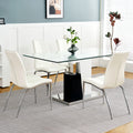 Modern Style Glass Table, Pu Fabric Chair Electroplated Chair Legs, Solid Support Base, Furniture Made Of Selected Materials To Highlight Fashion, Suitable For Living Room Use Set Of 5 White Mdf Metal