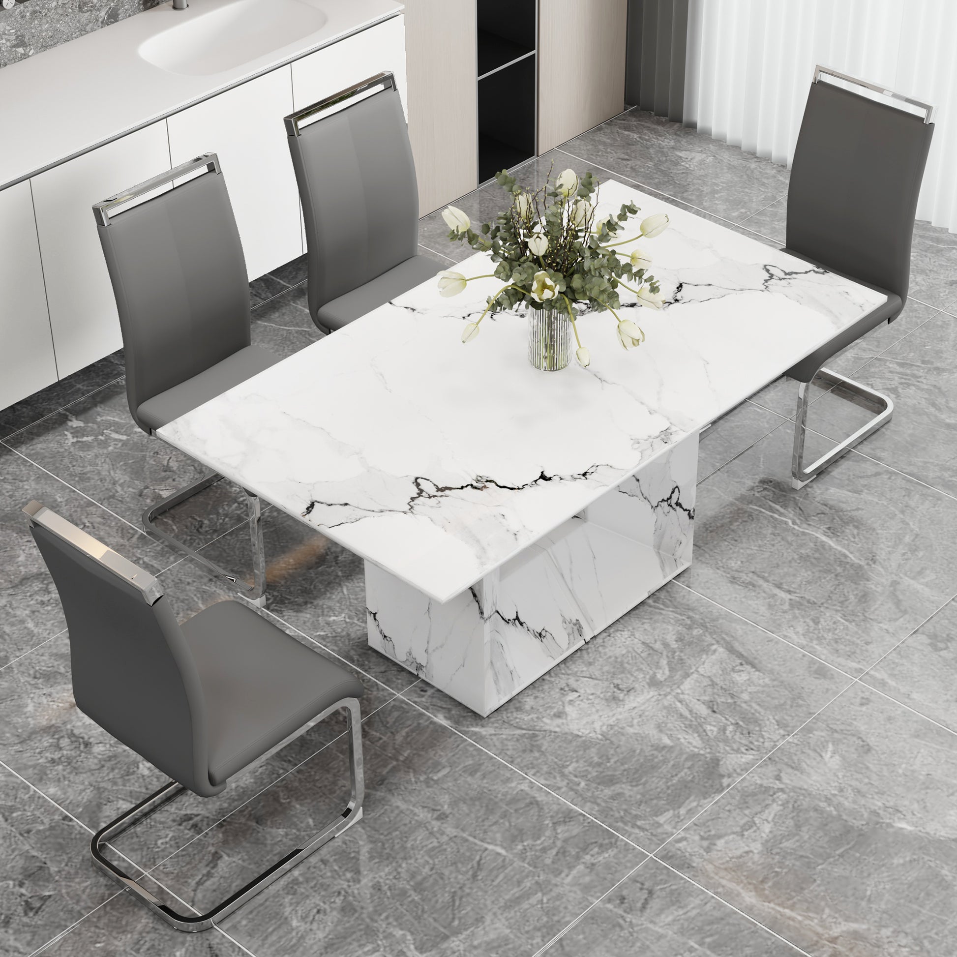 A Simple Dining Table. A Dining Table With A White Marble Pattern. 4 Pu Synthetic Leather High Backrest Cushioned Side Chairs With C Shaped Silver Metal Legs. Dt Sq 16090 Whc 1162 White Mdf