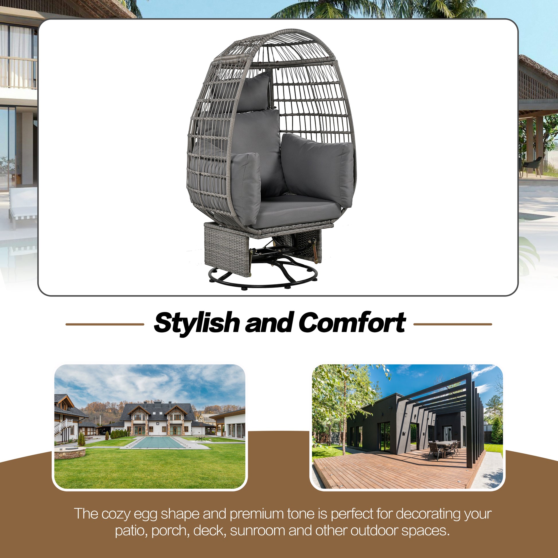 Outdoor Swivel Chair With Cushions, Rattan Egg Patio Chair With Rocking Function For Balcony, Poolside And Garden Grey Wicker Grey Cushion Grey Wicker