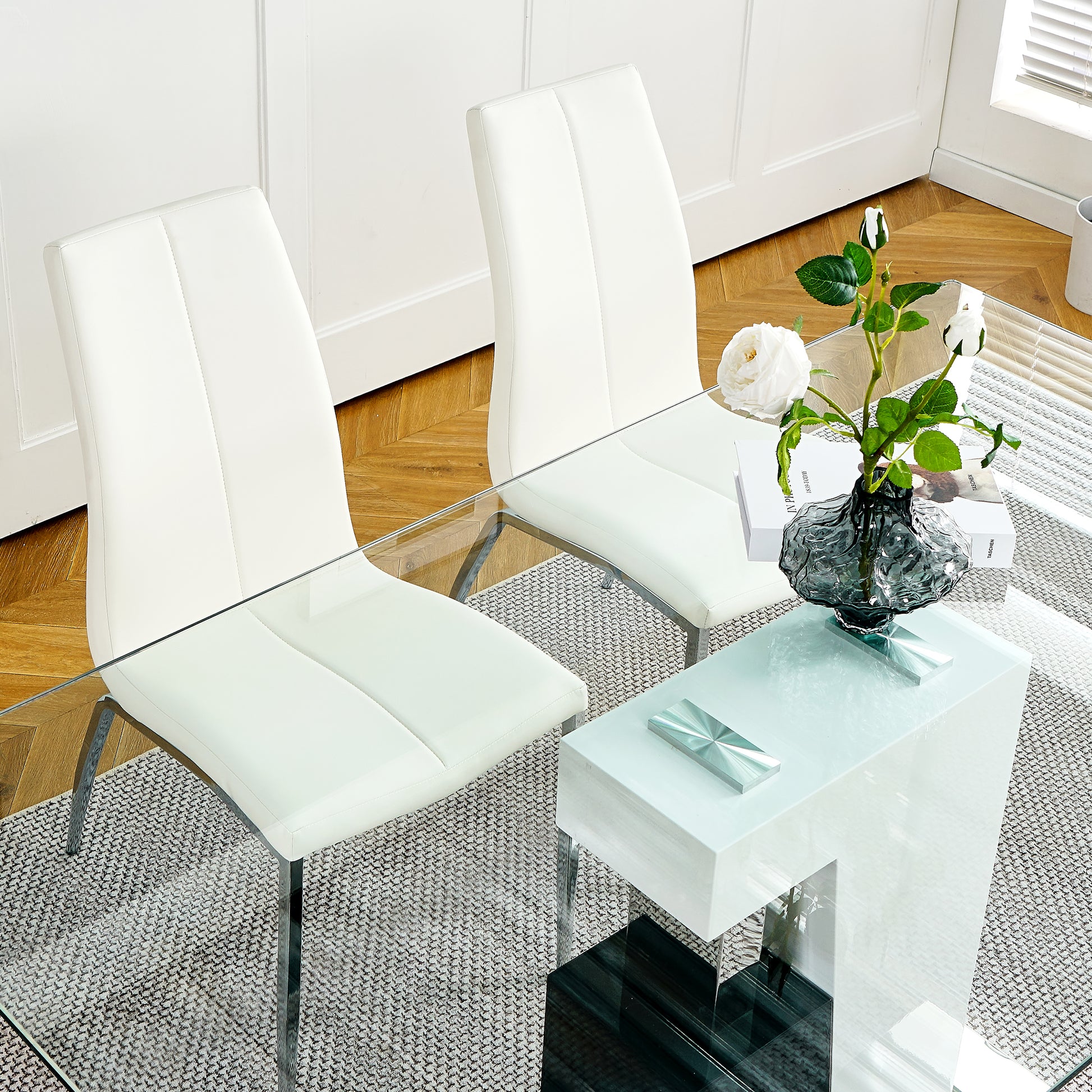 Modern Style Glass Table, Pu Fabric Chair Electroplated Chair Legs, Solid Support Base, Furniture Made Of Selected Materials To Highlight Fashion, Suitable For Living Room Use Set Of 5 White Mdf Metal