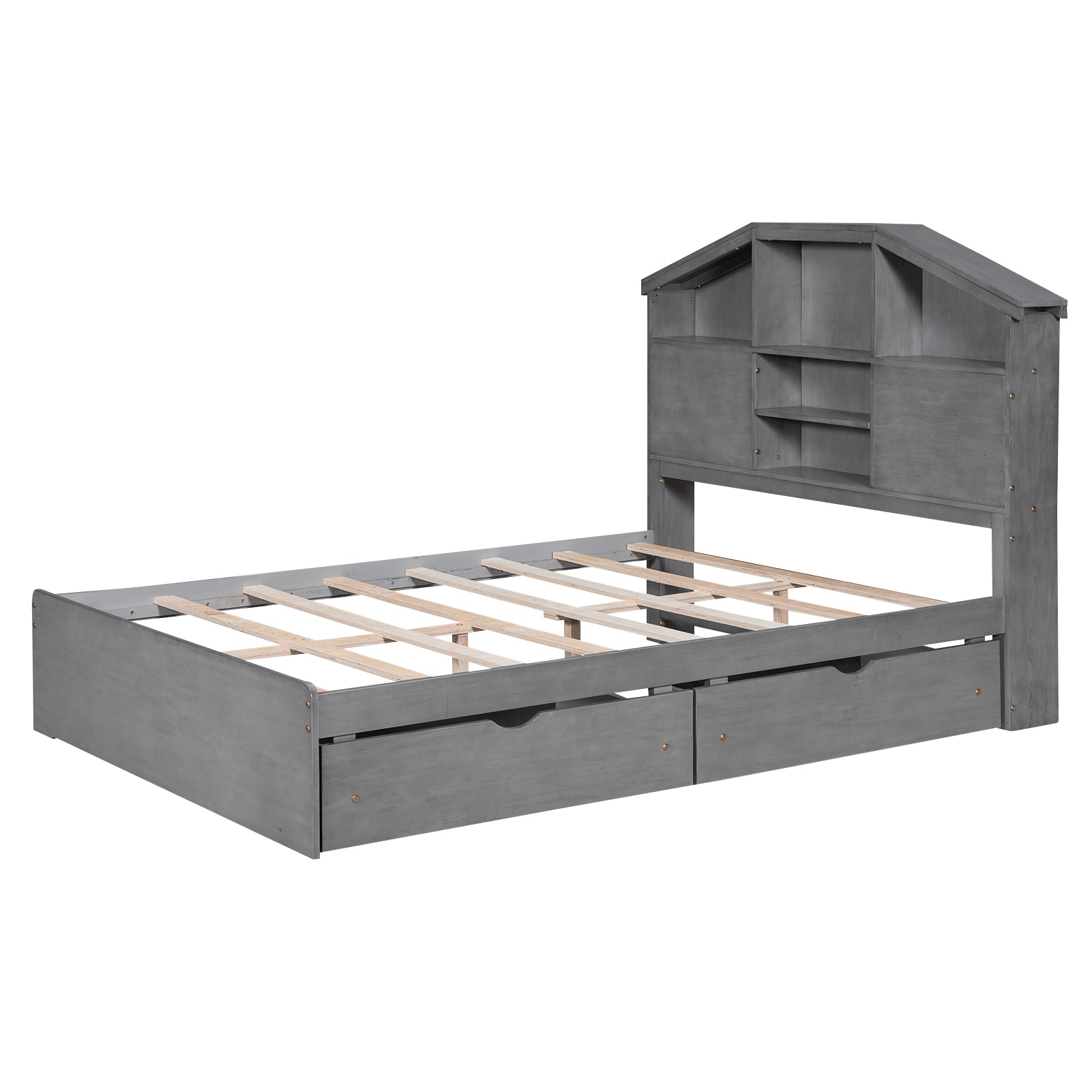 Full Size Wood Platform Bed With House Shaped Storage Headboard And 2 Drawers, Gray Box Spring Not Required Full Gray Wood Bedroom Solid Wood Mdf