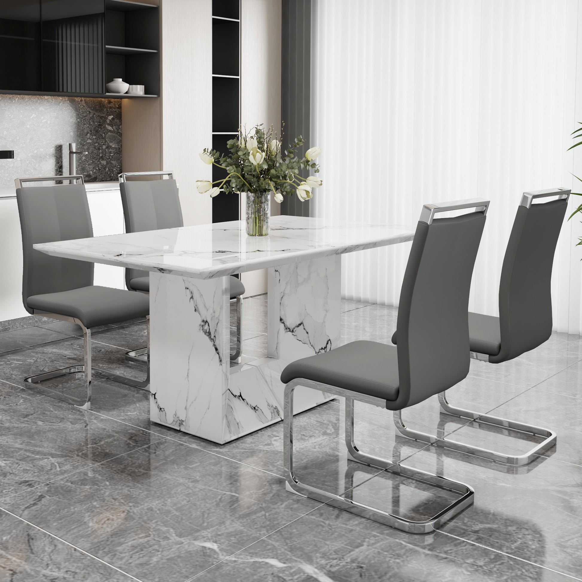 A Simple Dining Table. A Dining Table With A White Marble Pattern. 4 Pu Synthetic Leather High Backrest Cushioned Side Chairs With C Shaped Silver Metal Legs. Dt Sq 16090 Whc 1162 White Mdf