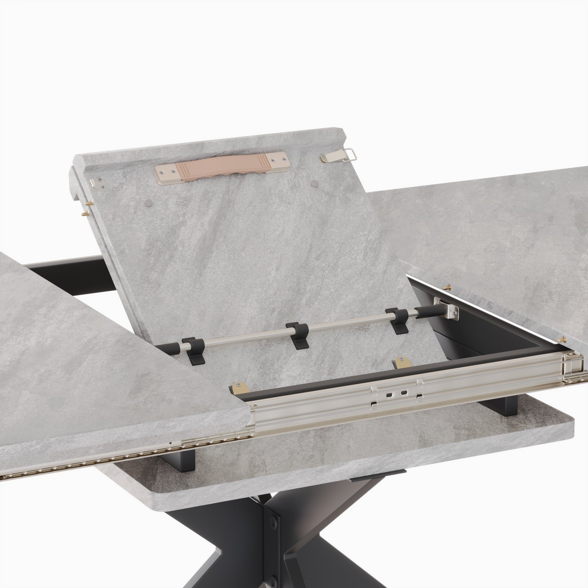 62.4" Extendable 78.15"Very Large Grey Dining Table Modern Mid Century Kitchen Table Set For Dining Room, Party Table,Conference Table,Black Metal X Shape Legs. Grey Black Mdf