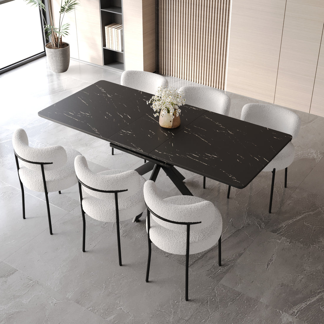 Scalable Dining Table Table Set For 6 8 Person For Dining Room,Curved Backrest Round Upholstered Soft Padded Armless Dining Chairs And Very Large Dining Room Table Kitchen Table Chair Set Black White Mdf Metal