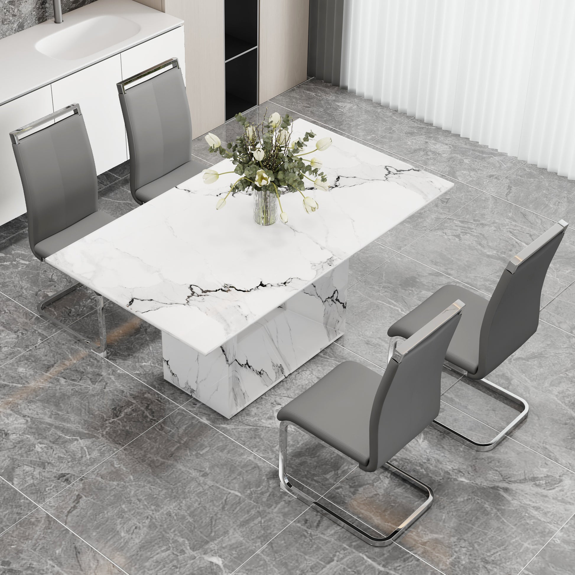 A Simple Dining Table. A Dining Table With A White Marble Pattern. 4 Pu Synthetic Leather High Backrest Cushioned Side Chairs With C Shaped Silver Metal Legs. Dt Sq 16090 Whc 1162 White Mdf