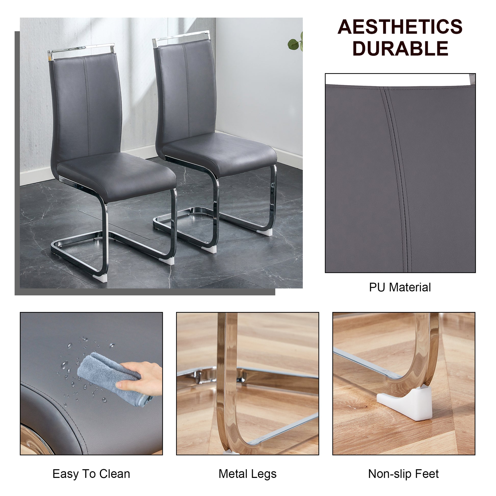 A Simple Dining Table. A Dining Table With A White Marble Pattern. 4 Pu Synthetic Leather High Backrest Cushioned Side Chairs With C Shaped Silver Metal Legs. Dt Sq 16090 Whc 1162 White Mdf