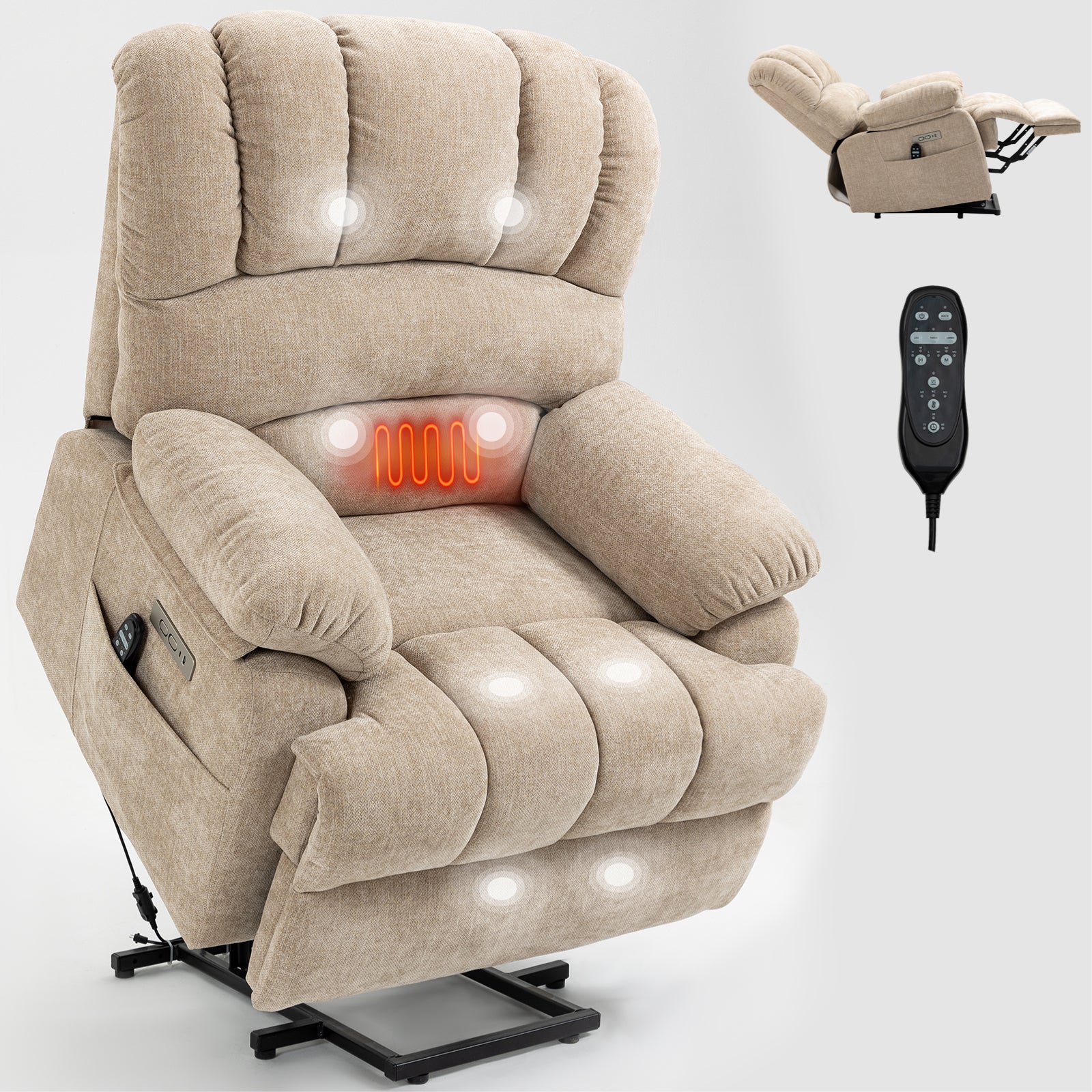 23" Seat Width And High Back Large Size Beige Chenille Power Lift Recliner Chair With 8 Point Vibration Massage And Lumbar Heating Beige Power Push Button Medium Firm Pillow Back Heavy Duty Pillow